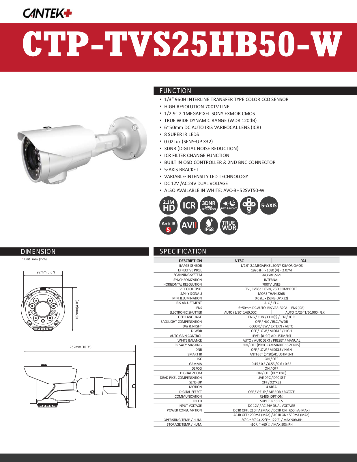 Cantek Plus CTP-TVS25HB50-W Specsheet