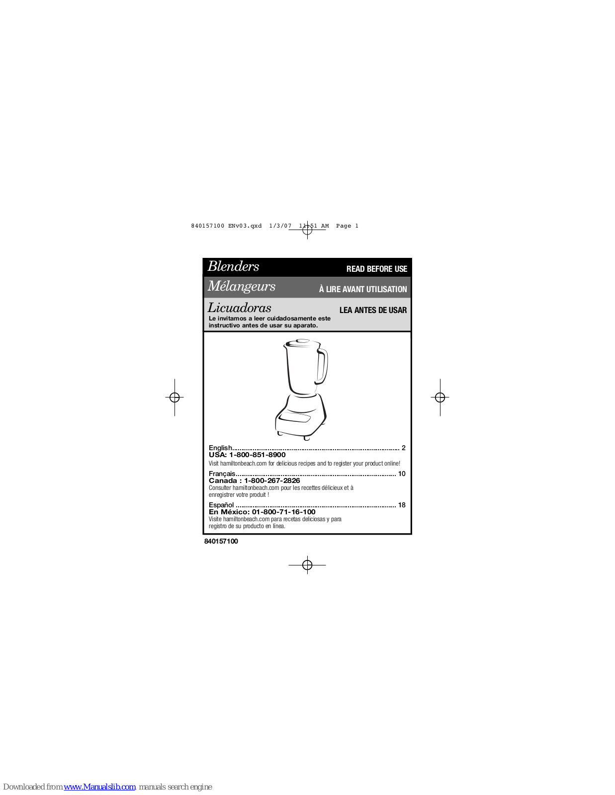 Hamilton Beach 57171R-MX, 50171R-MX, 50200R-MX User Manual