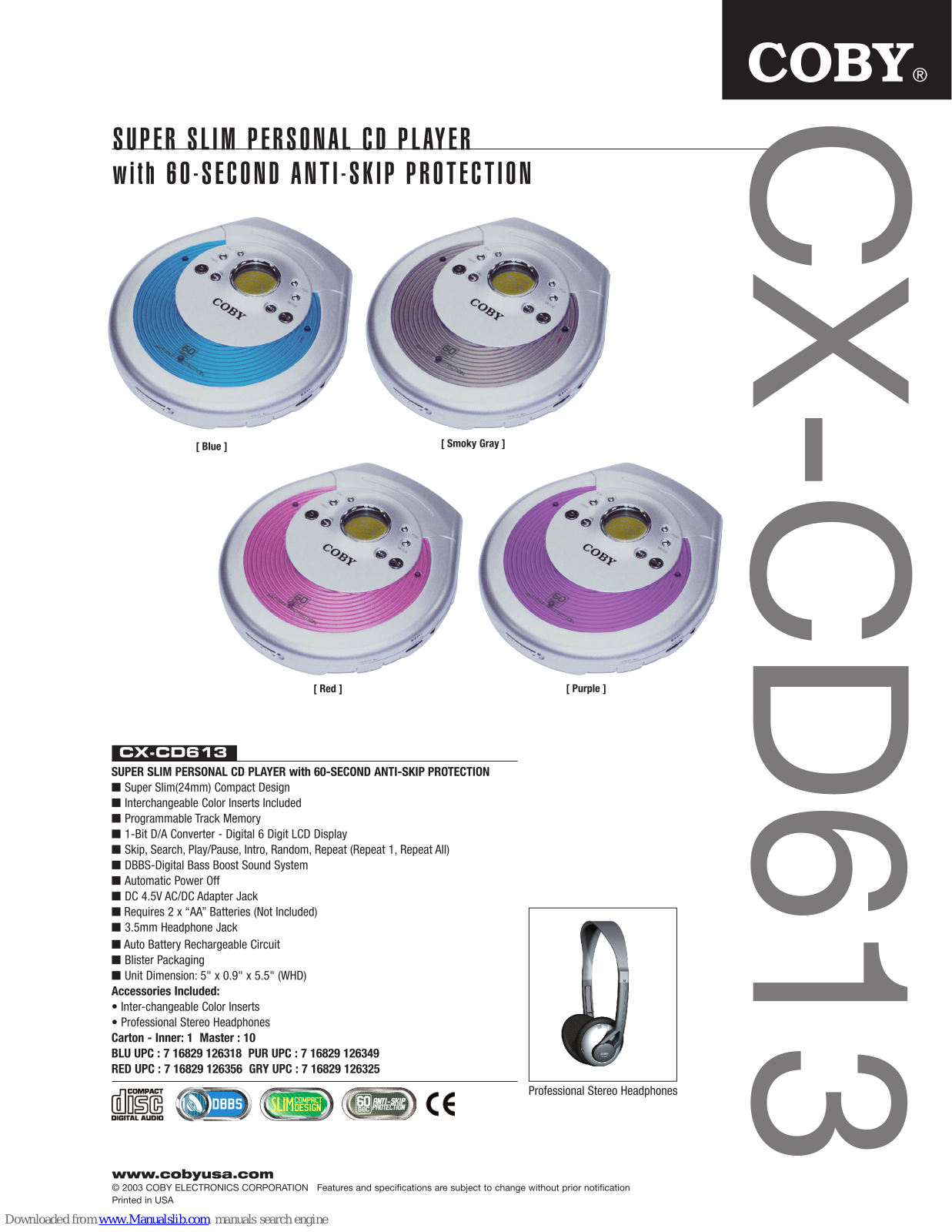 Coby CX-CD613 Specification Sheet