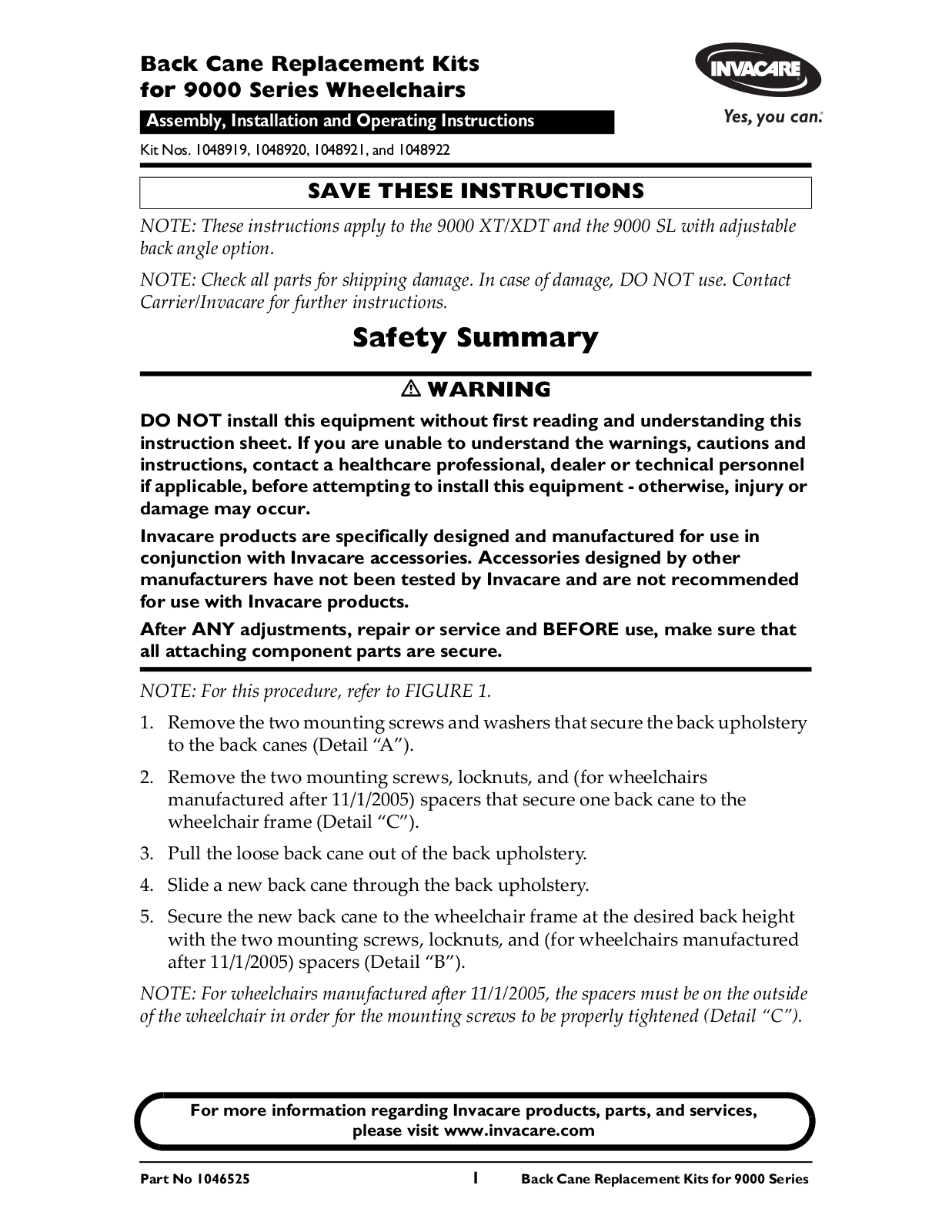 Invacare 1048920, 1048919, 1048922, 1048921 User Manual