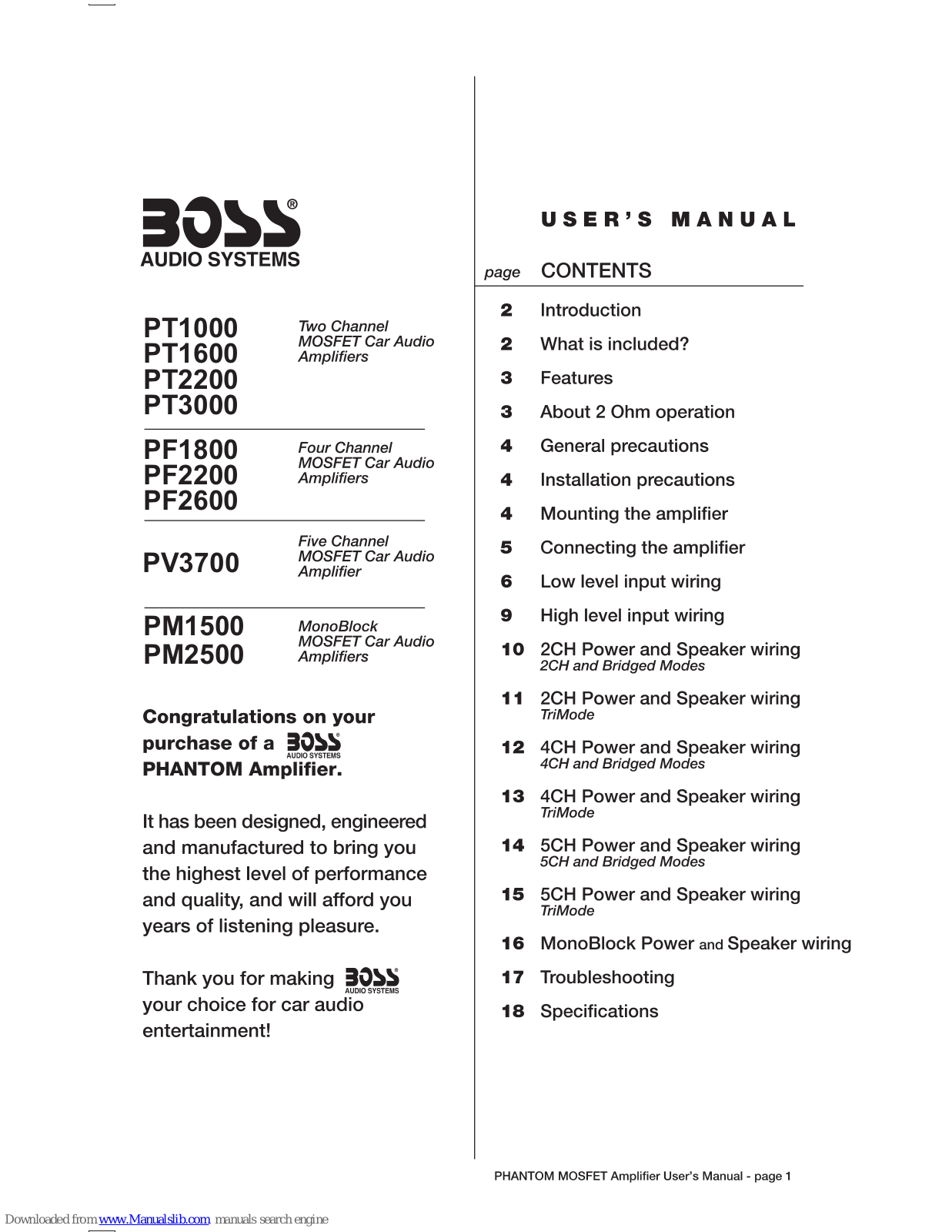 Boss PT1000, PT1600, PT2200, PT3000, PF1800 User Manual