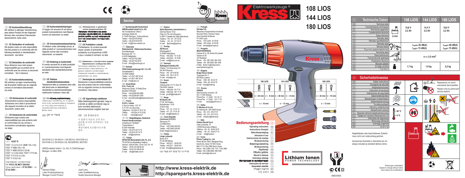 KRESS 108 LIOS SET, 144 LIOS SET, 180 LIOS, 180 LIOS SET User Manual