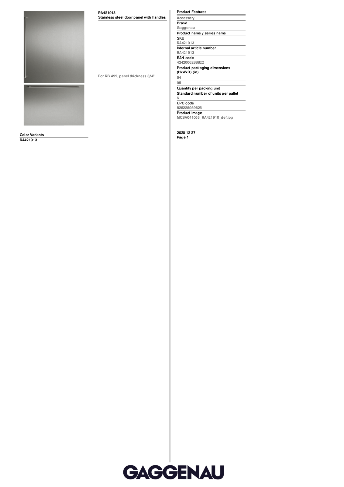 Gaggenau RA421913 Specification Sheet