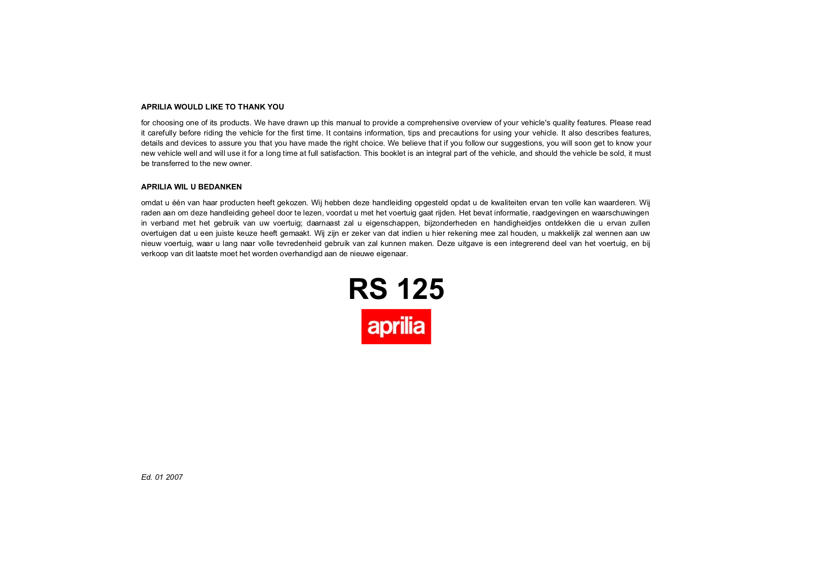 Aprilia RS 125 2007 Owner's manual