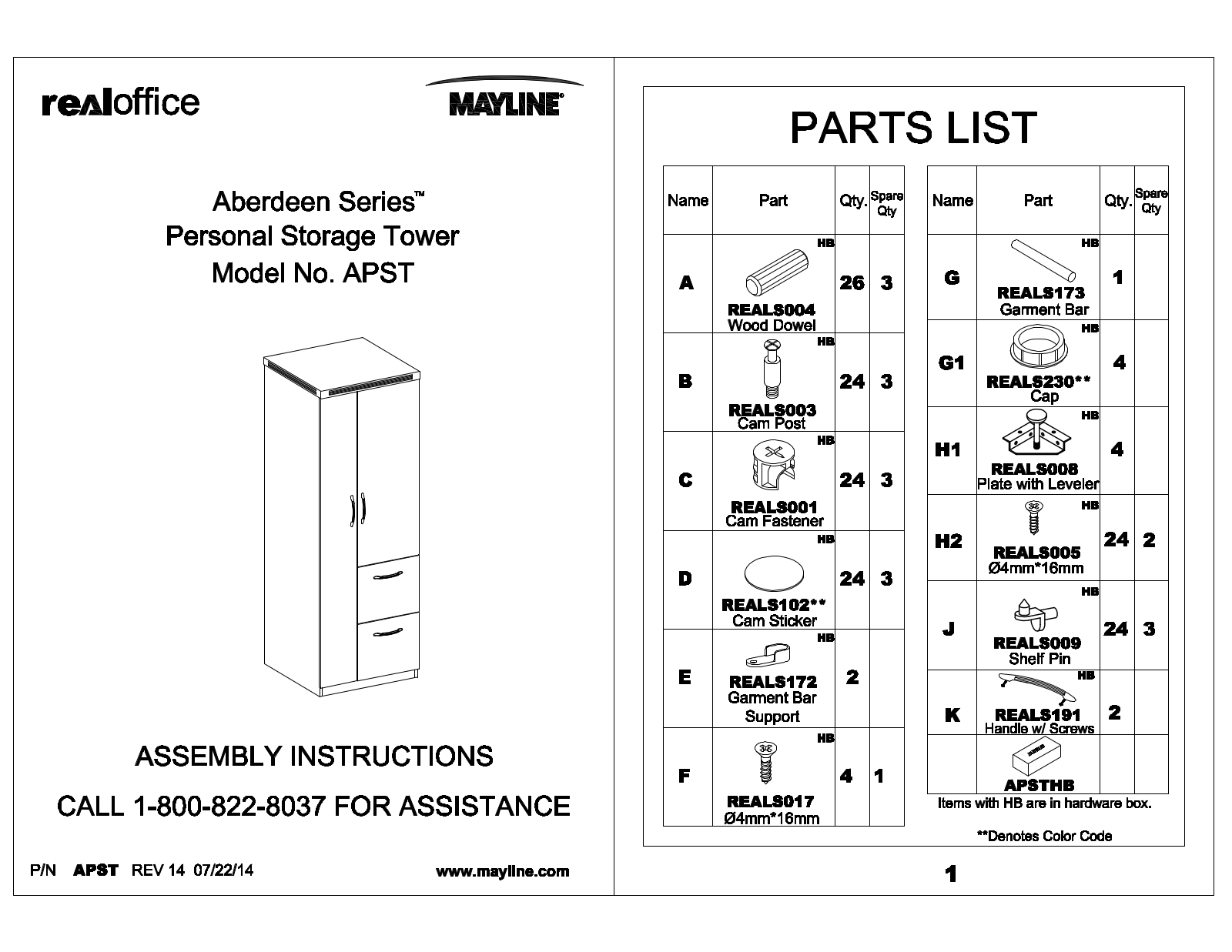 Mayline APSTLGS, APSTLMA, APSTLDC, APSTLCR Assembly Guide