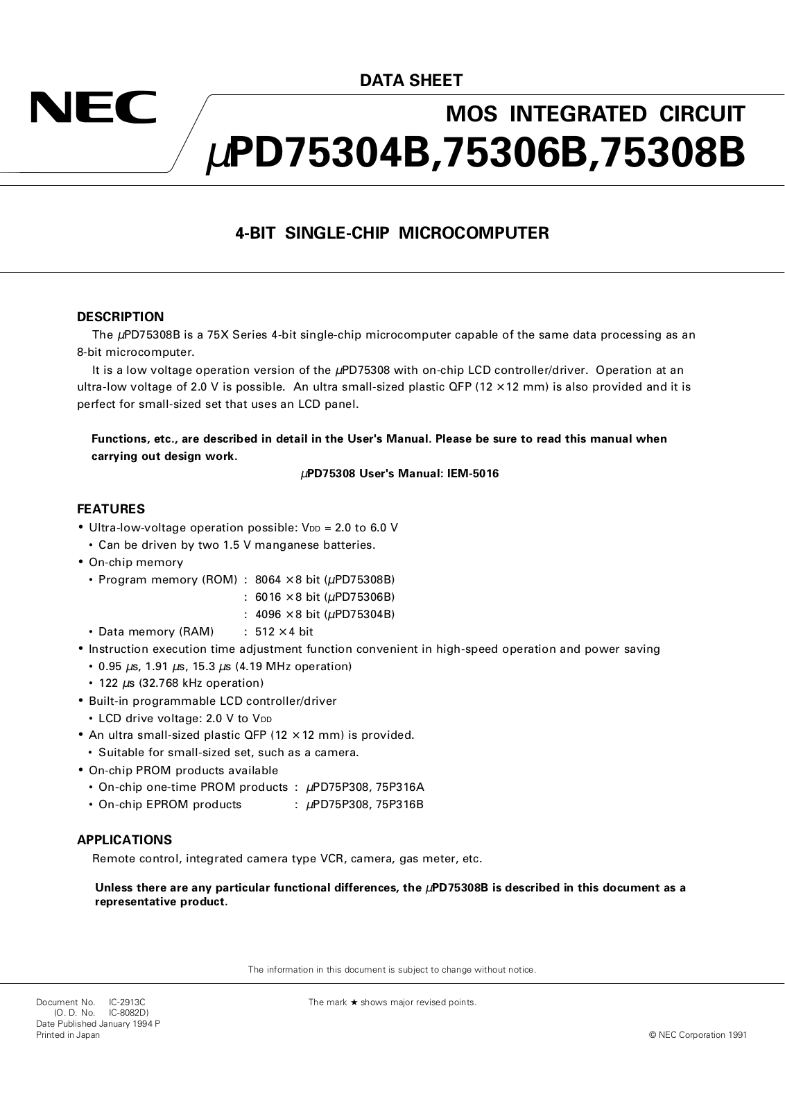 NEC UPD75308BGF-XXX-3B9, UPD75306BGF-XXX-3B9, UPD75304BGF-XXX-3B9 Datasheet