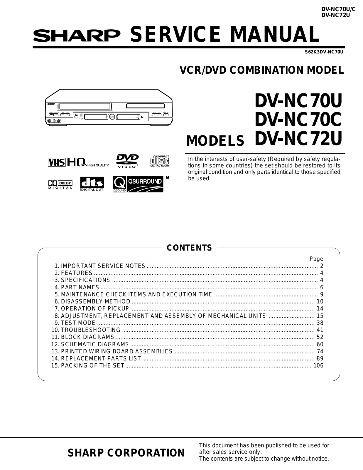 SHARP DVNC70, DV-NC70U, DV-NC70C, DV-NC72U. Service Manual