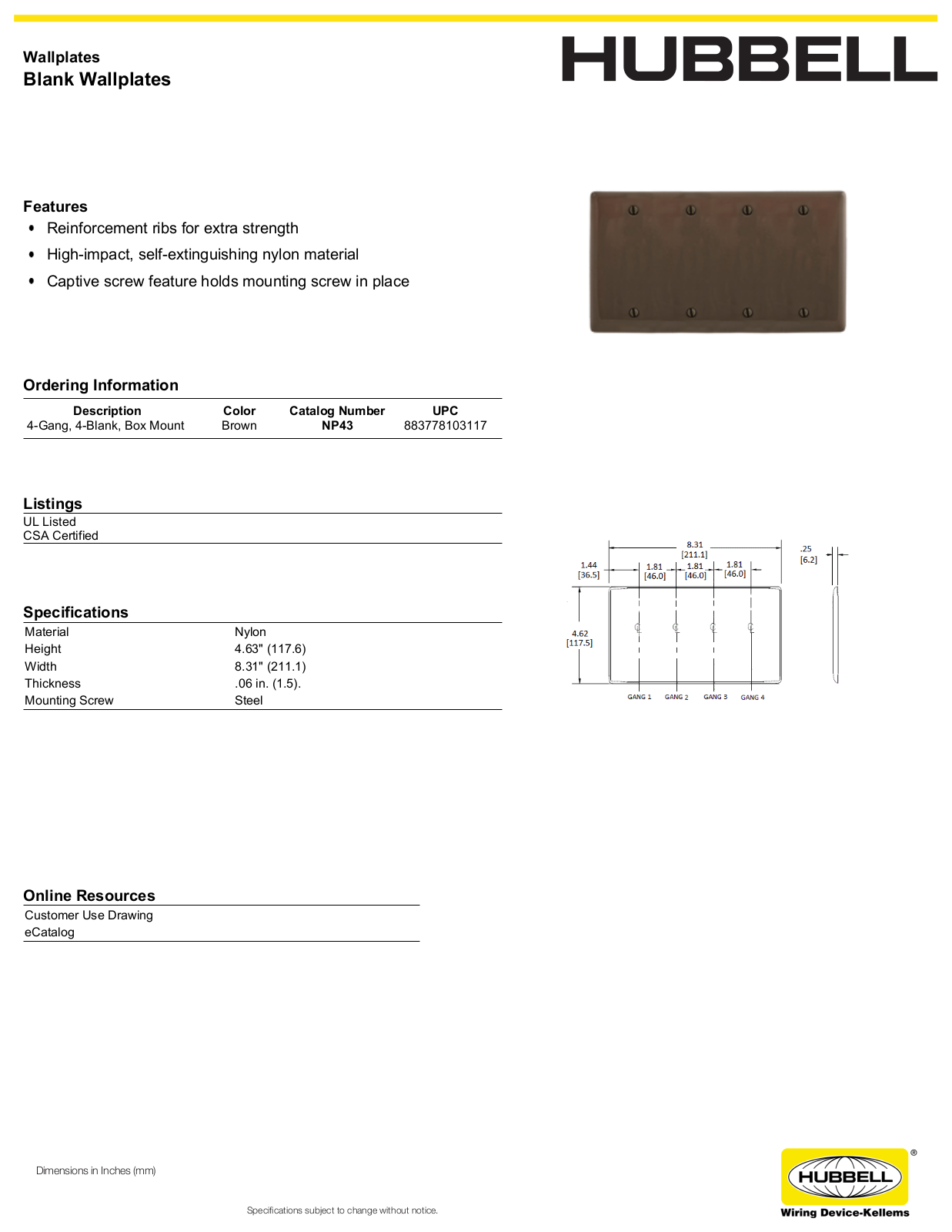 Hubbell NP43 Specifications