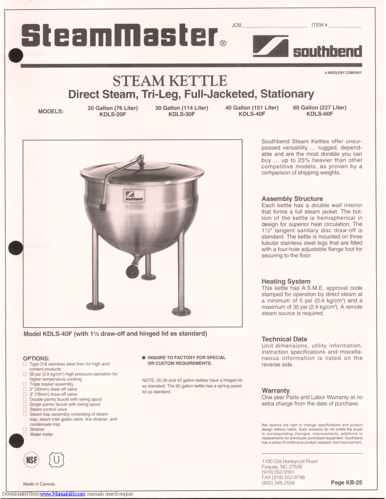 Southbend SteamMaster KDLS-60F, SteamMaster KDLS-40F, SteamMaster KDLS-20F, SteamMaster KDLS-30F Specification - ManualMachine.com