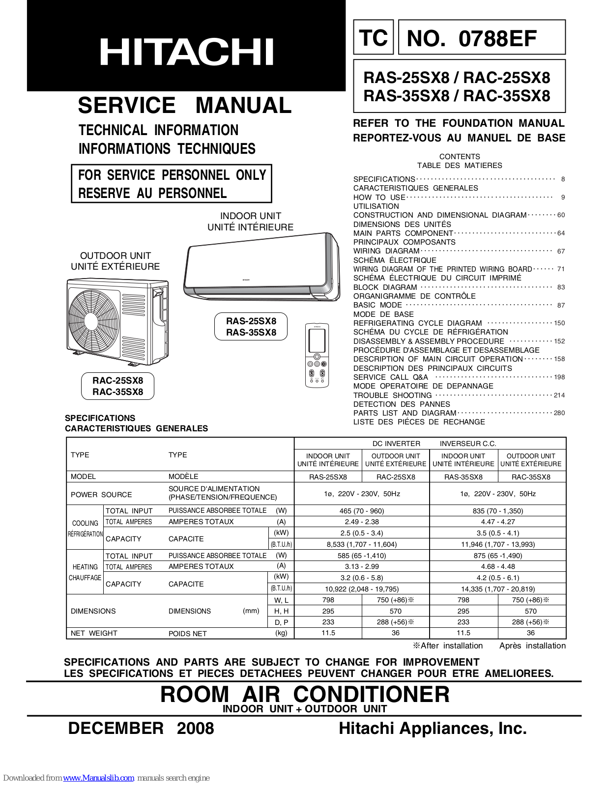 Hitachi RAS-25SX8, RAC-25SX8, RAS-35SX8, RAC-35SX8, RAS-18SX8 Service Manual