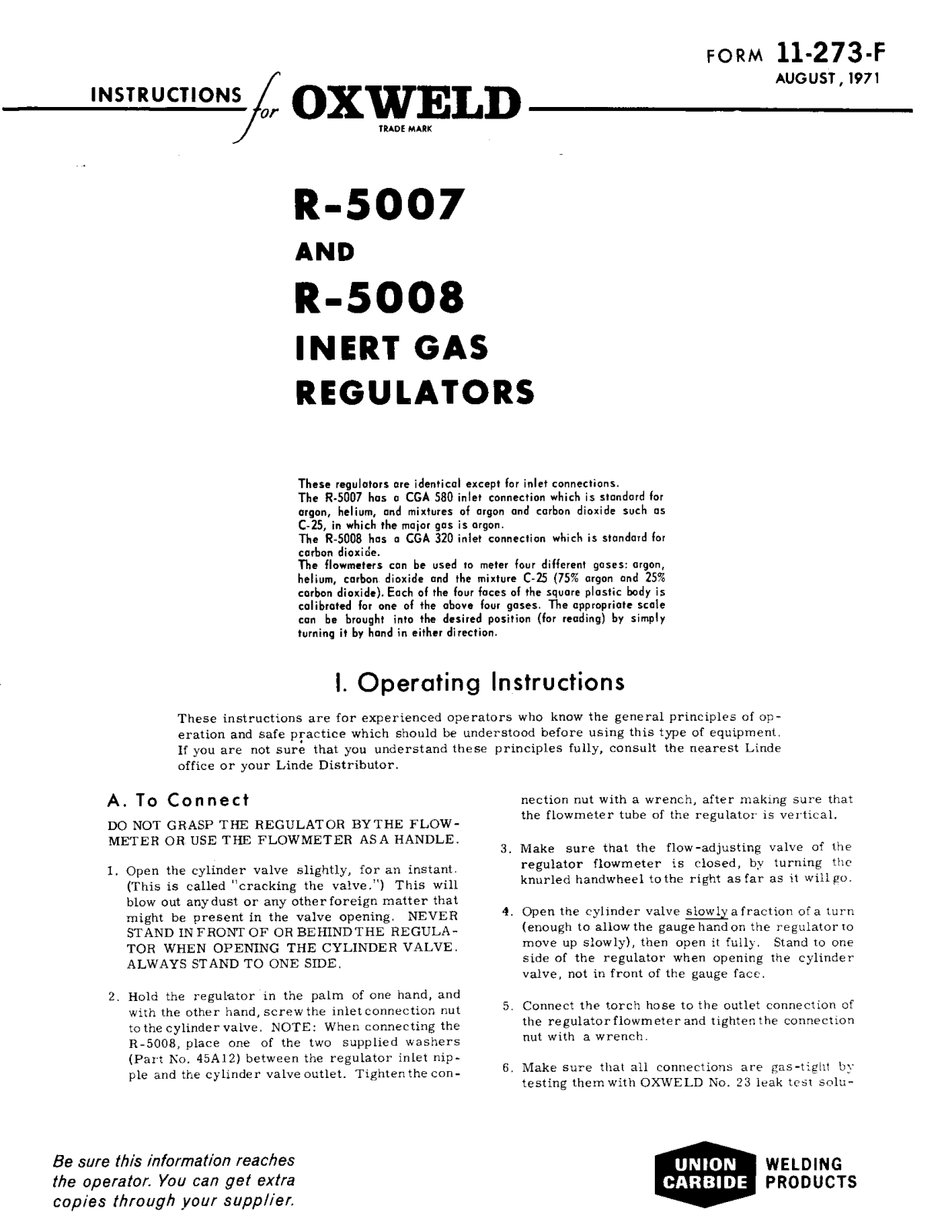 UNION CARBIDE OXWELD R-5007 and R-5008 Inert Gas Regulators Troubleshooting instruction