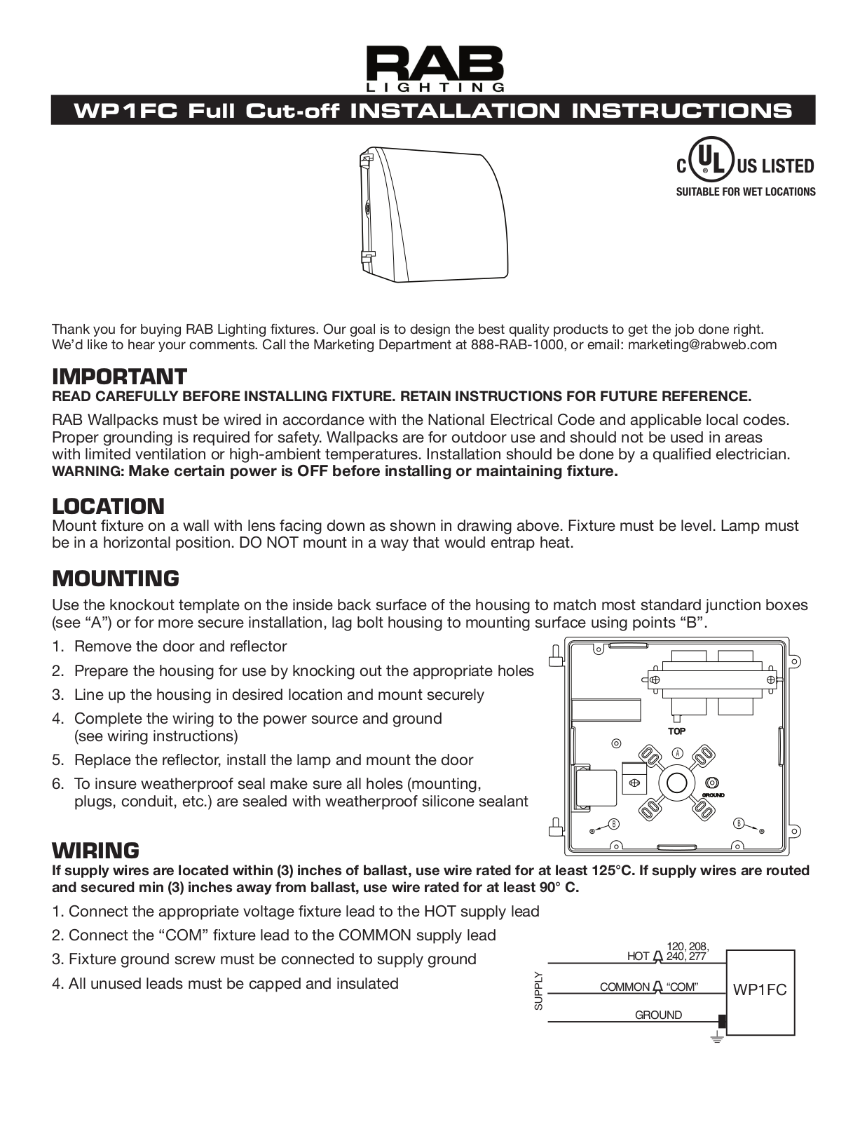 RAB Lighting WP1FC Installation Instructions Manual - ManualMachine.com