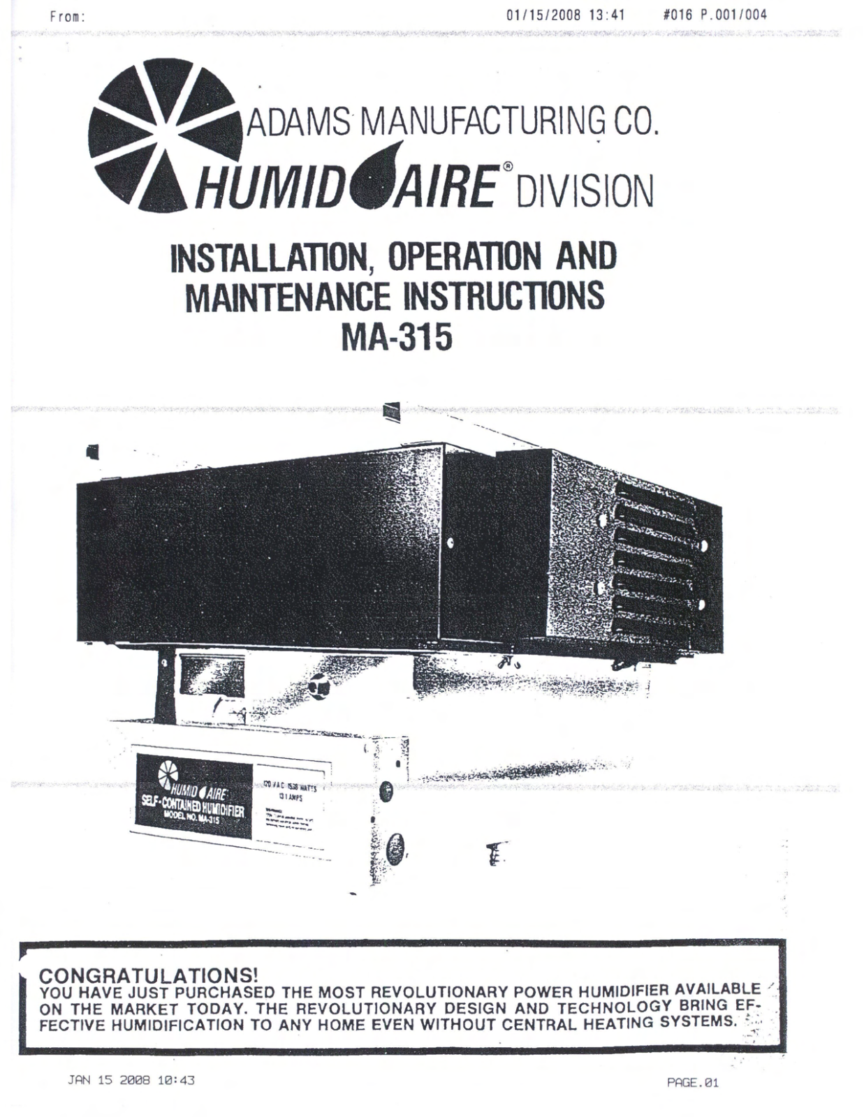 Humidaire Ma315 Owner's Manual