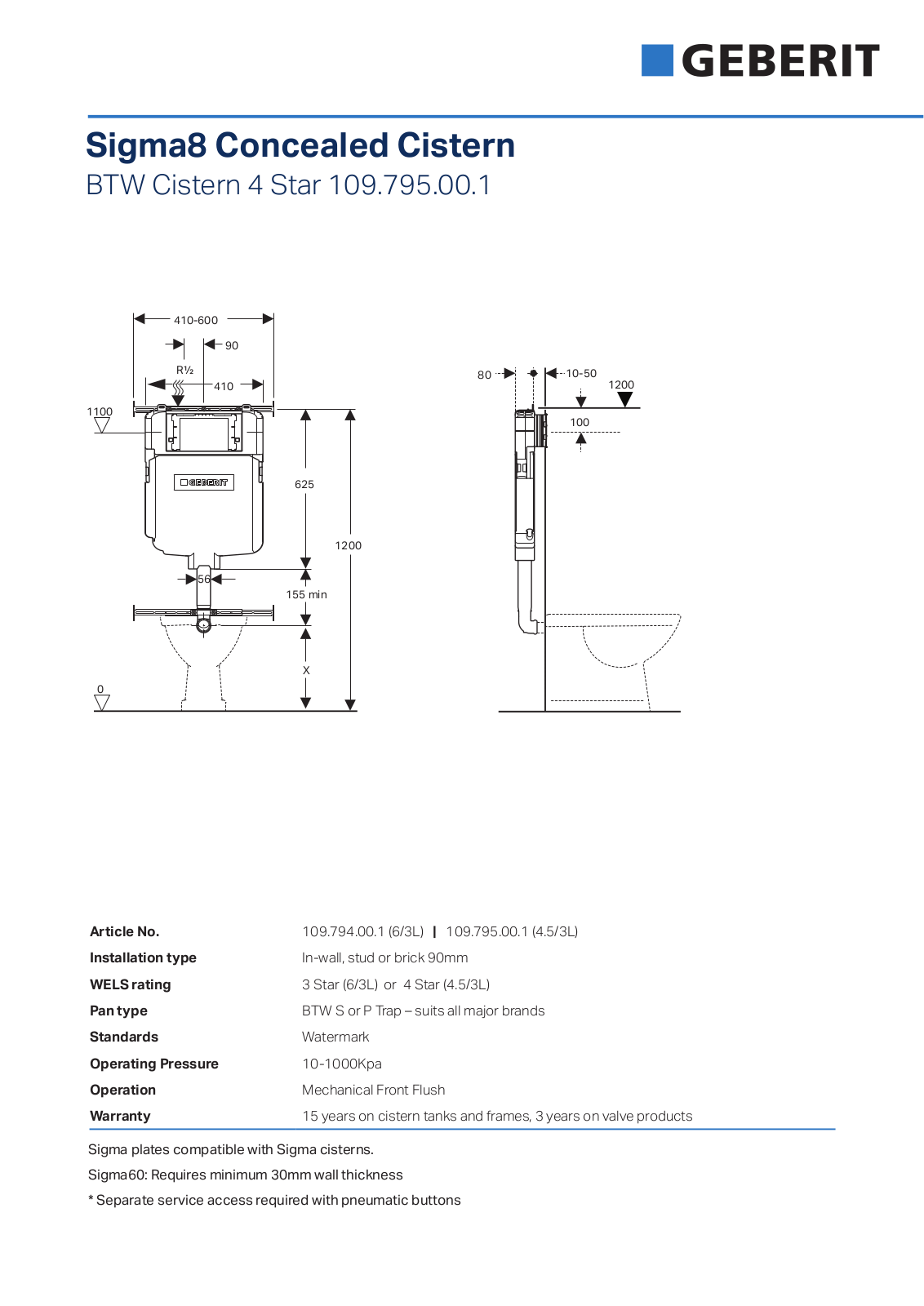 Geberit 109.795.00.1 Specifications Sheet