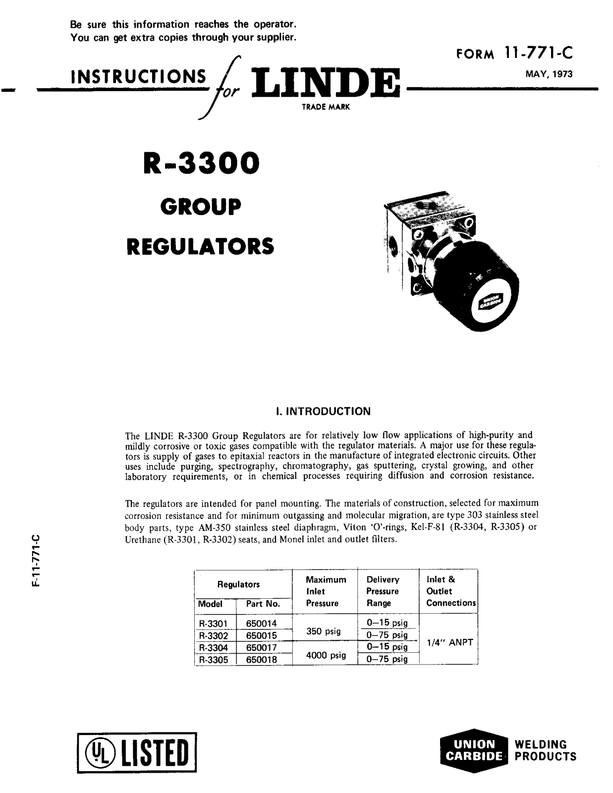 UNION CARBIDE Linde R-3300 Group Regulators Troubleshooting instruction