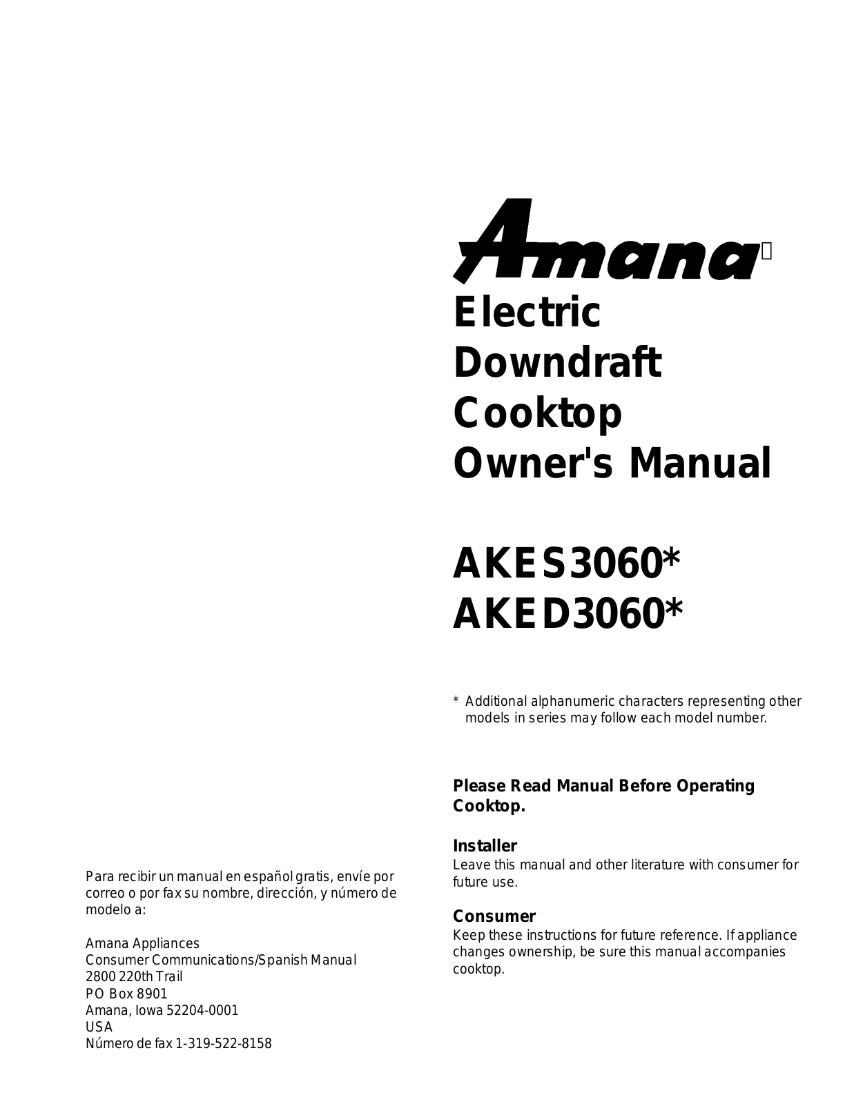 Amana AKES3060, AKED3060 User Manual