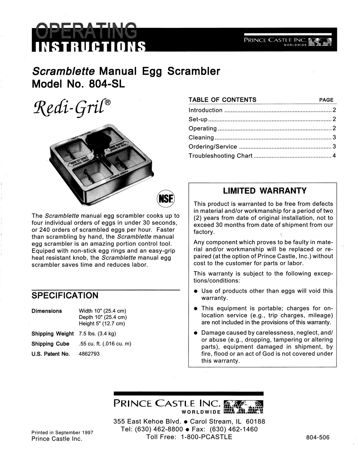 Prince Castle 804-SL Installation  Manual