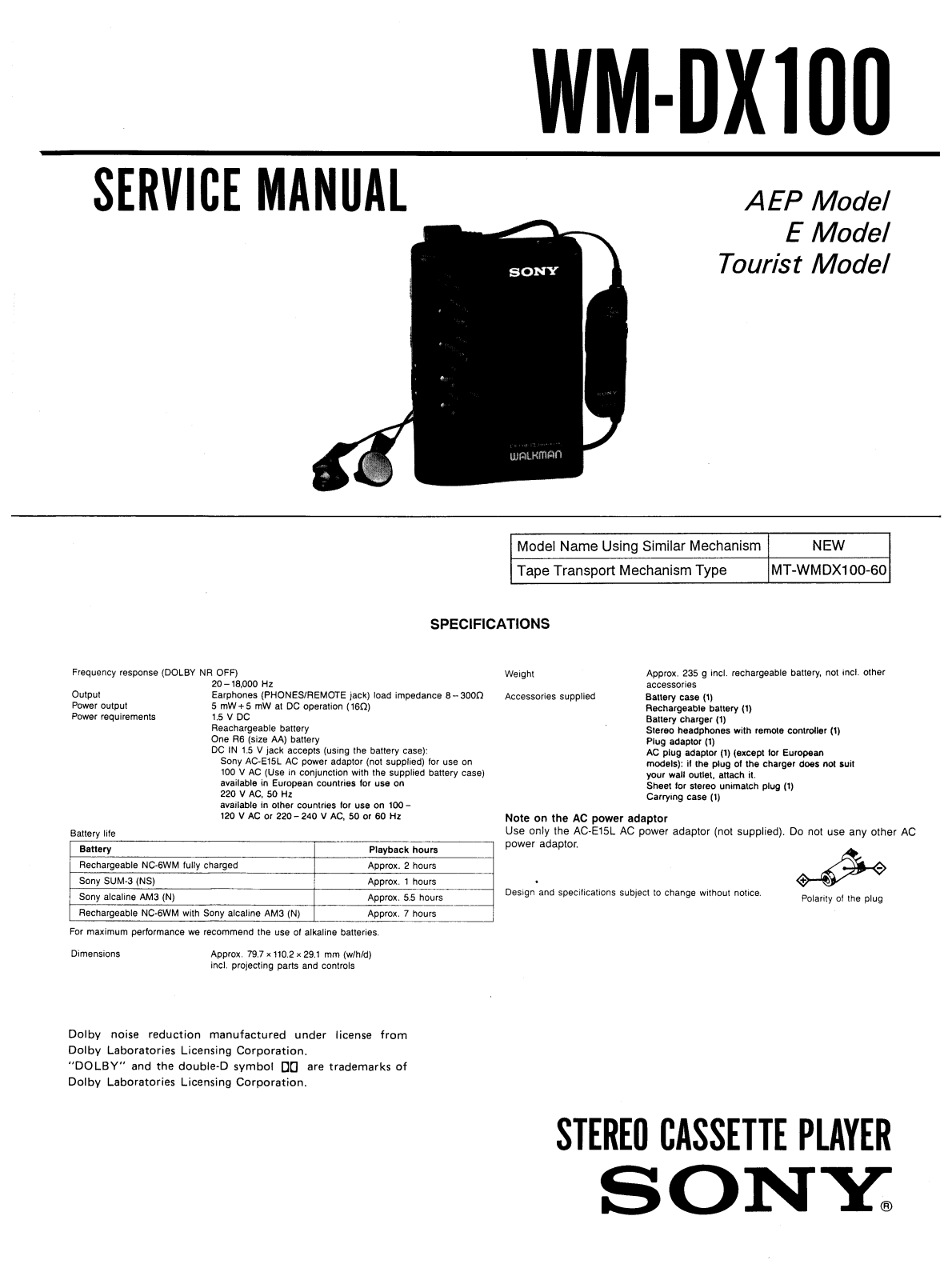 Sony WMDX-100 Service manual