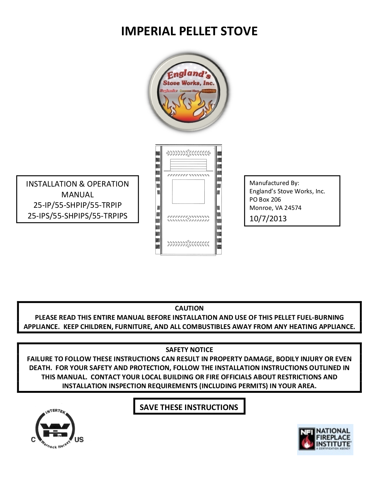 England's Stove Works 25-IP, 55-SHPIP, 55-TRPIP Owner's Manual