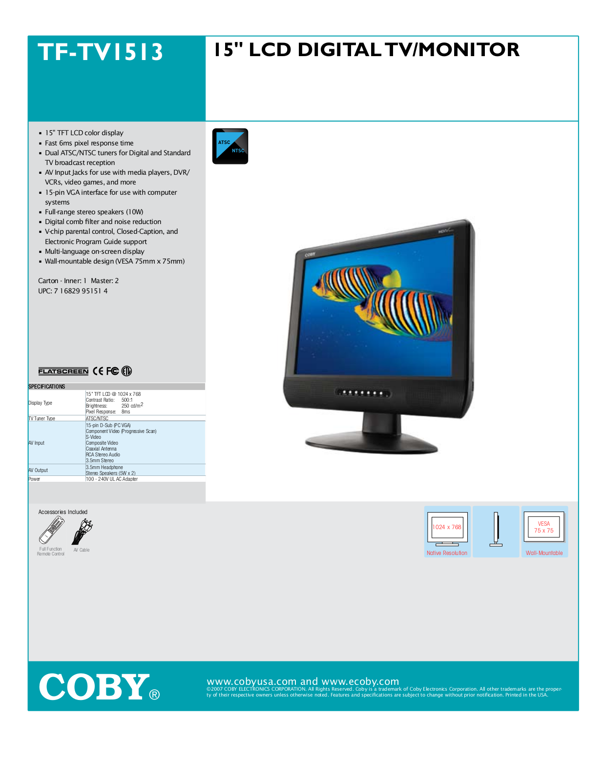 Coby TF-TV1513 Specifications