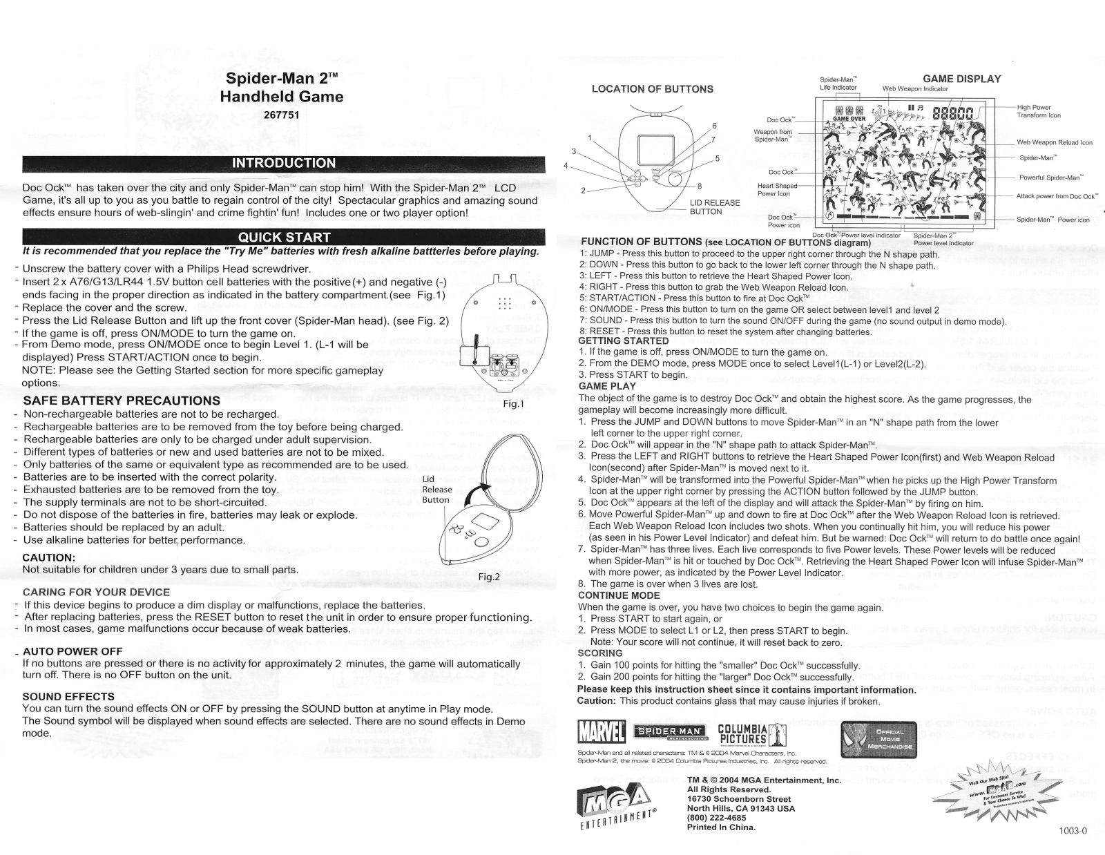 Mga Entertainment SPIDER-MAN 2 HH SHAPE GAME User Manual