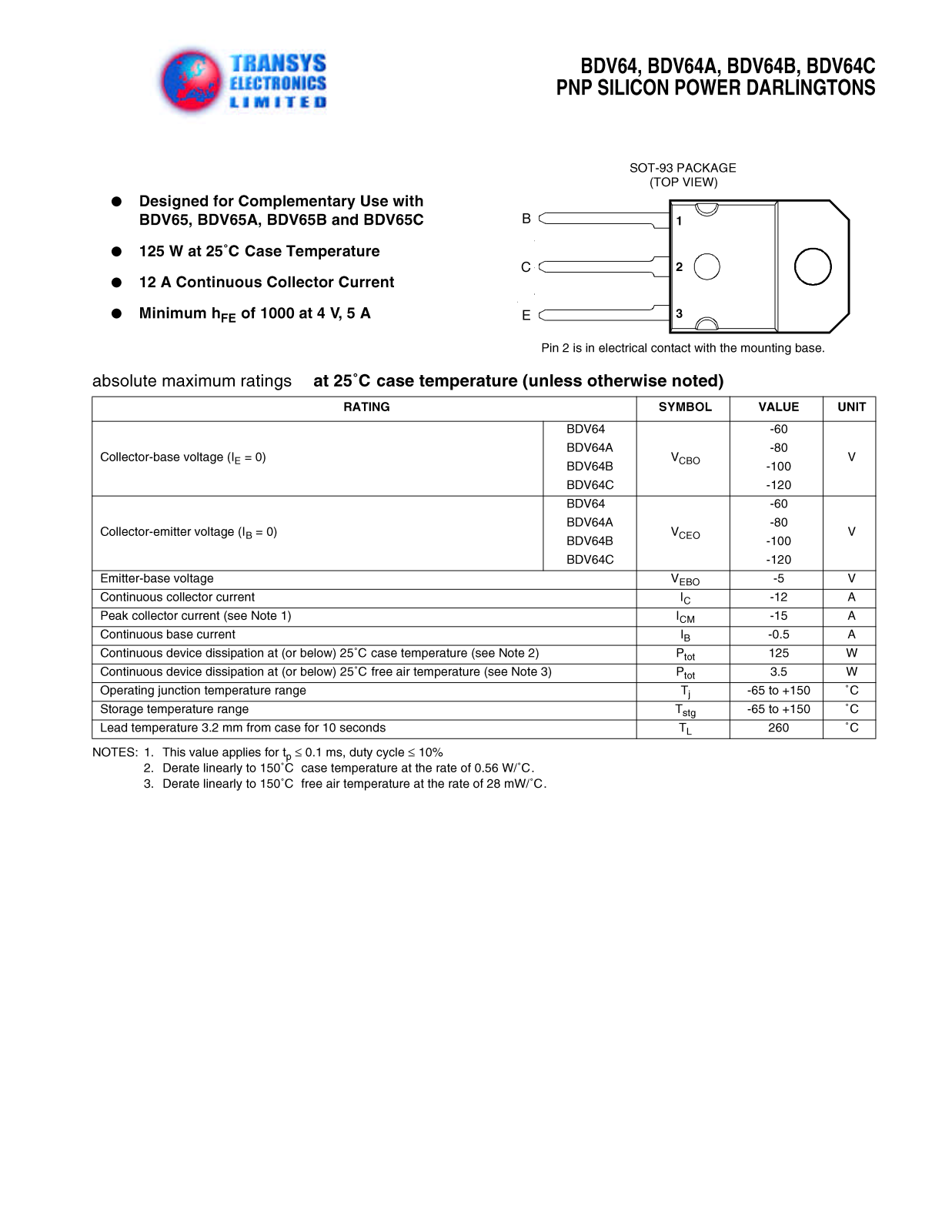 TEL BDV64C, BDV64C, BDV64B, BDV64B, BDV64A Datasheet