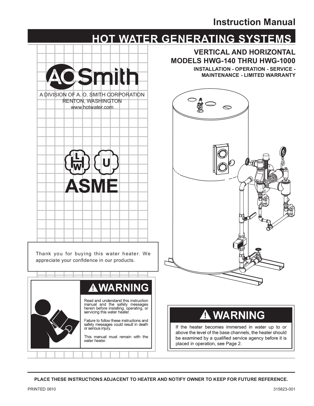 A.O. Smith HWG-140, HWG-1000 Technical Documents