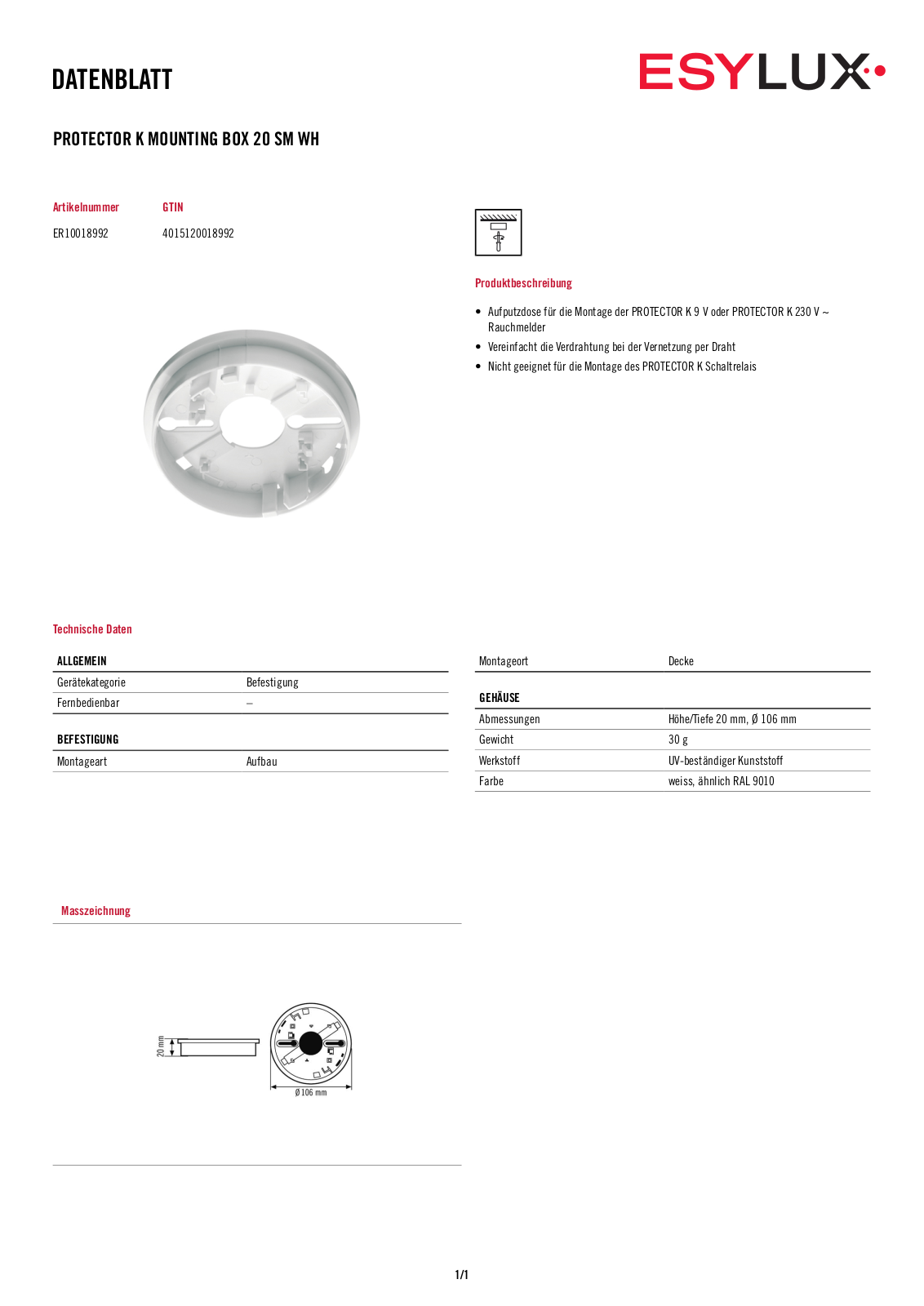 ESYLUX PROTECTOR K MOUNTING BOX 20 SM WH User Manual