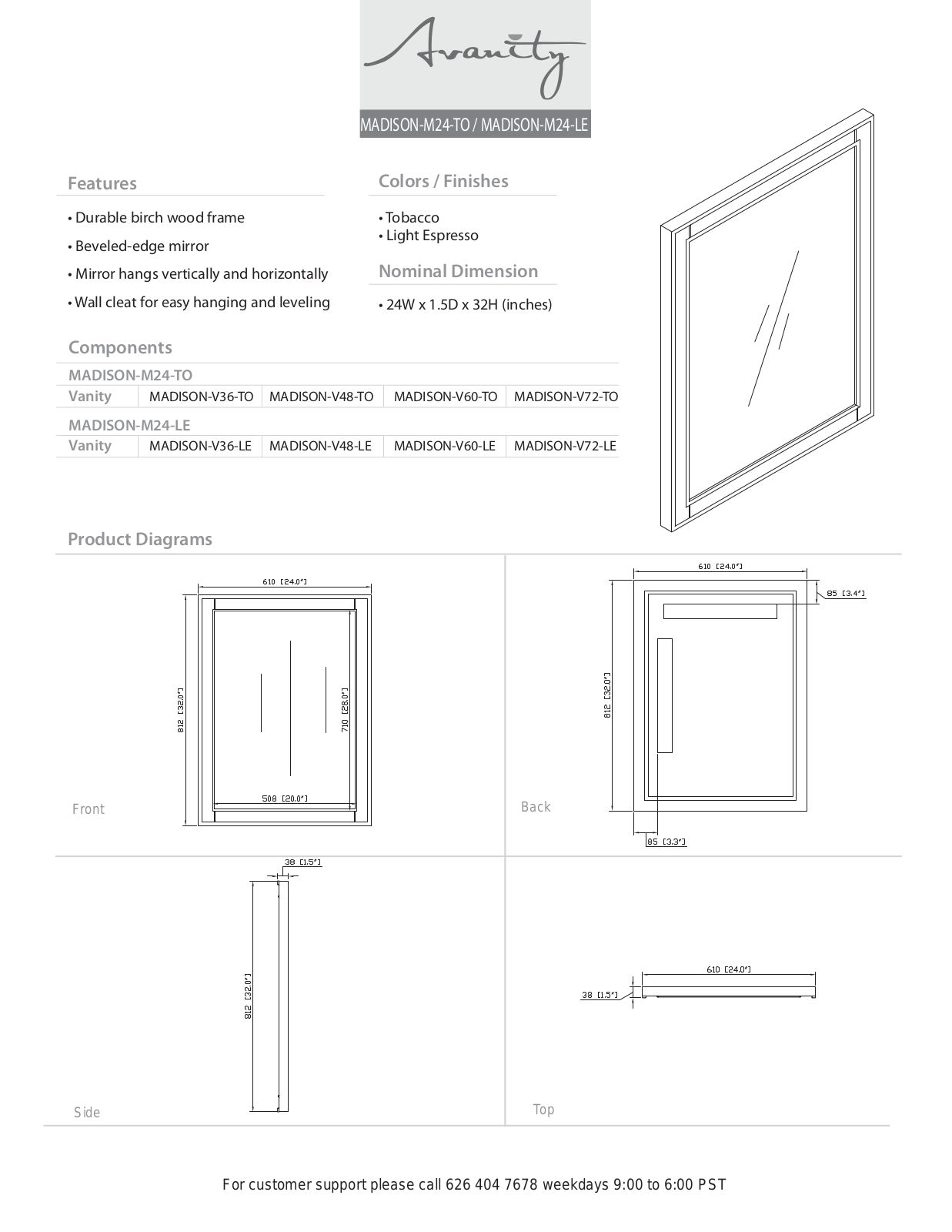 Avanity MADISONM24TO Specifications