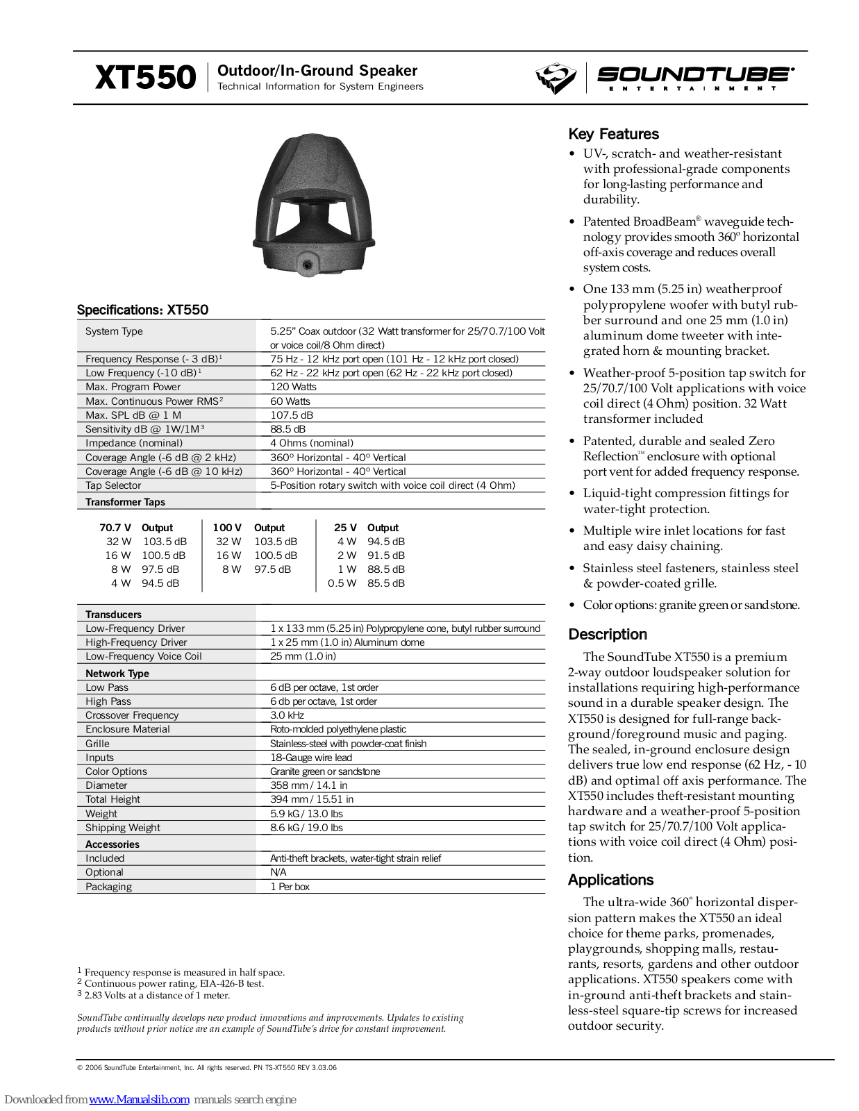 SoundTube Outdoor/In-Ground Speaker XT550 Specifications