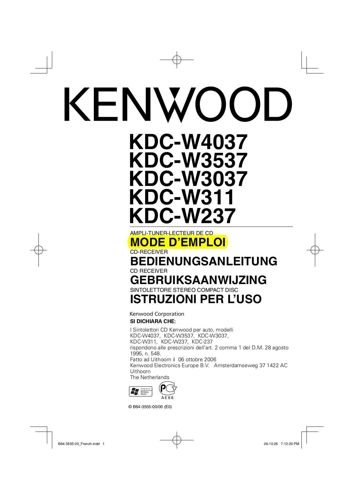 KENWOOD KDC-W3537 User Manual