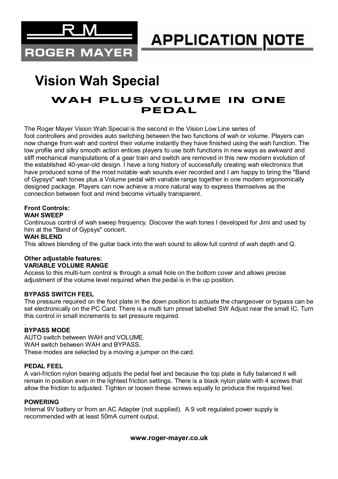 Roger Mayer Vision Wah Special Application Note