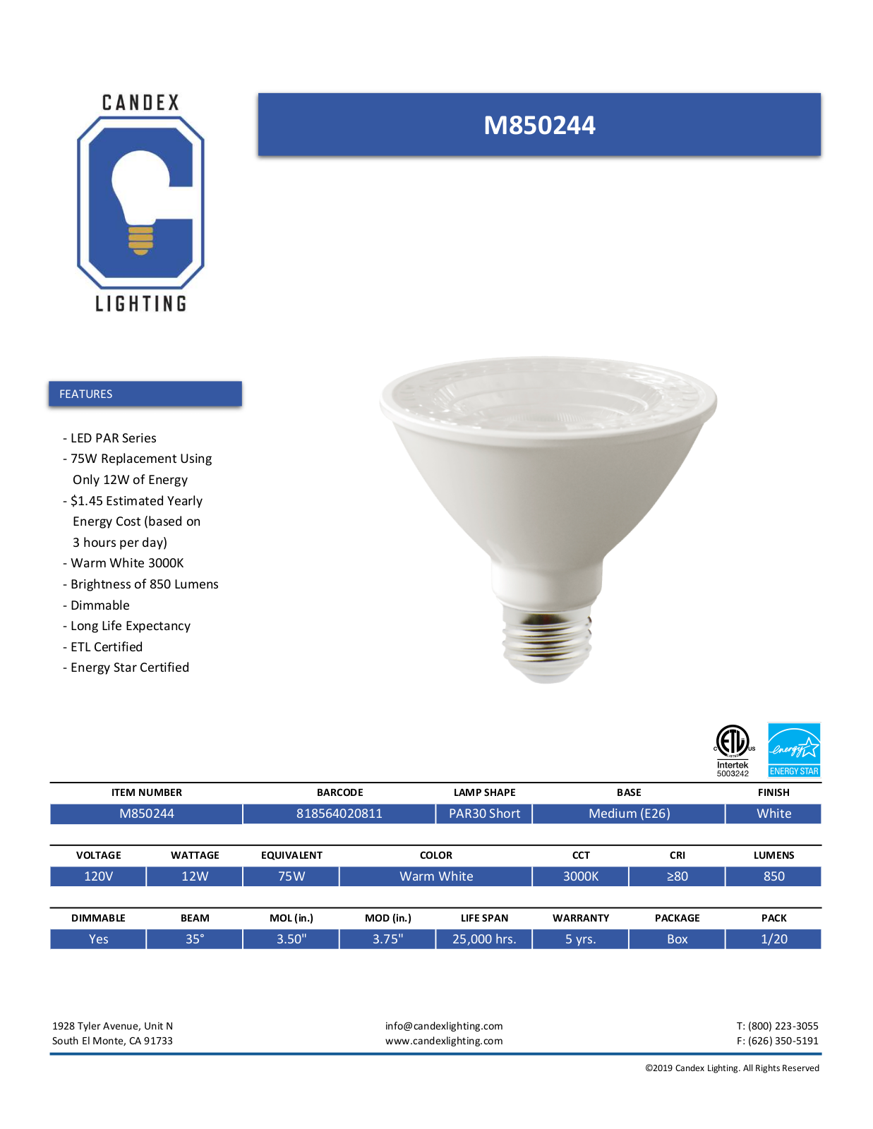 Candex Lighting CNDX1031 Specifications - ManualMachine.com