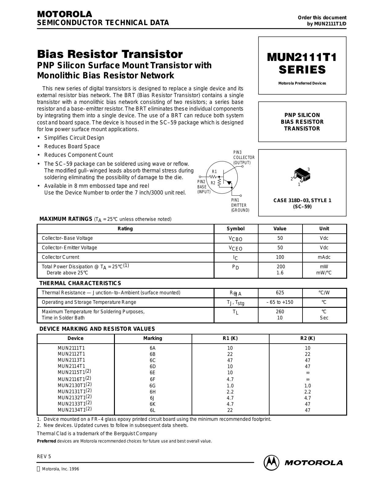 Motorola MUN2111T1, MUN2112T1, MUN2113T1, MUN2114T1, MUN2115T1 Datasheet