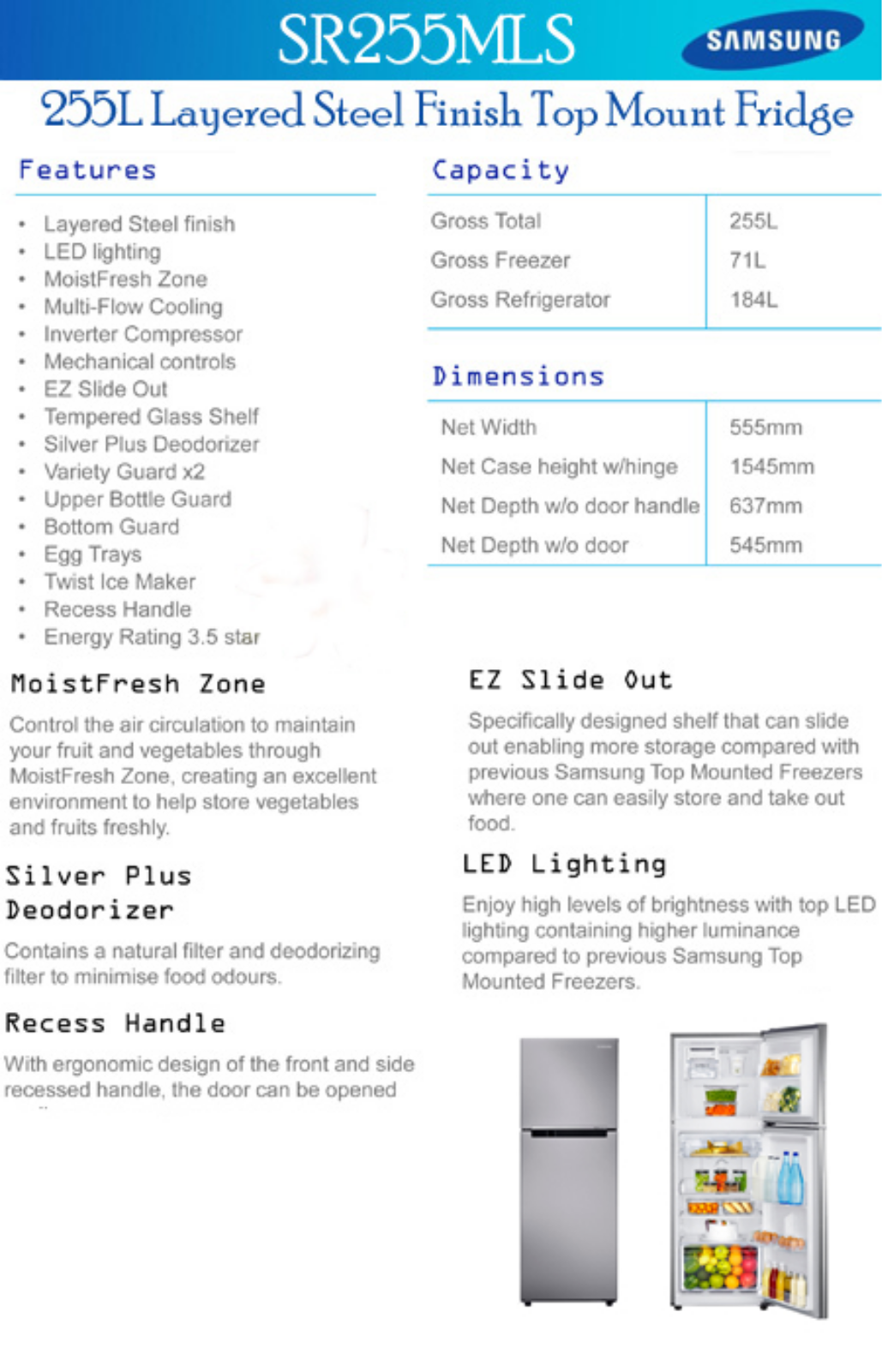 Samsung SR255MLS Specifications Sheet