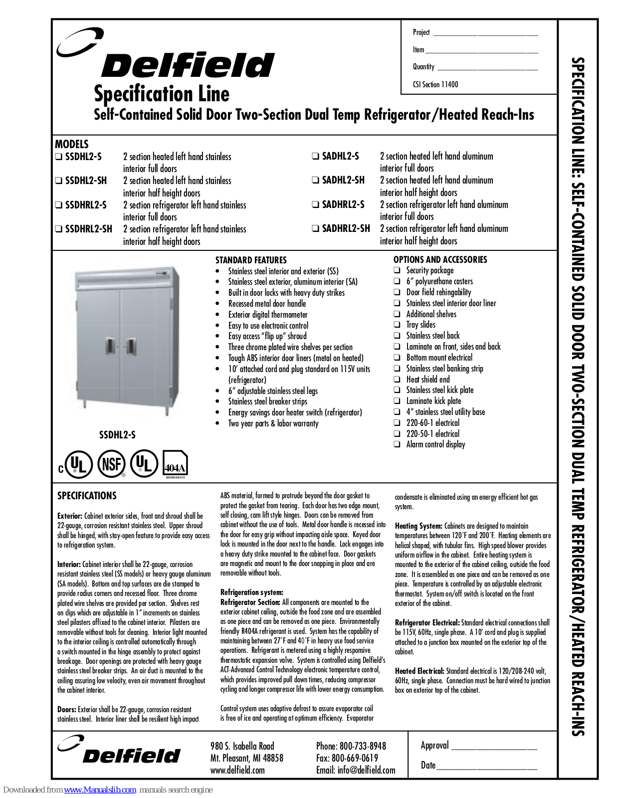 Delfield SADHL2-SH, SADHRL2-S, SADHRL2-SH, SSDHL2-S, SSDHL2-SH Specifications