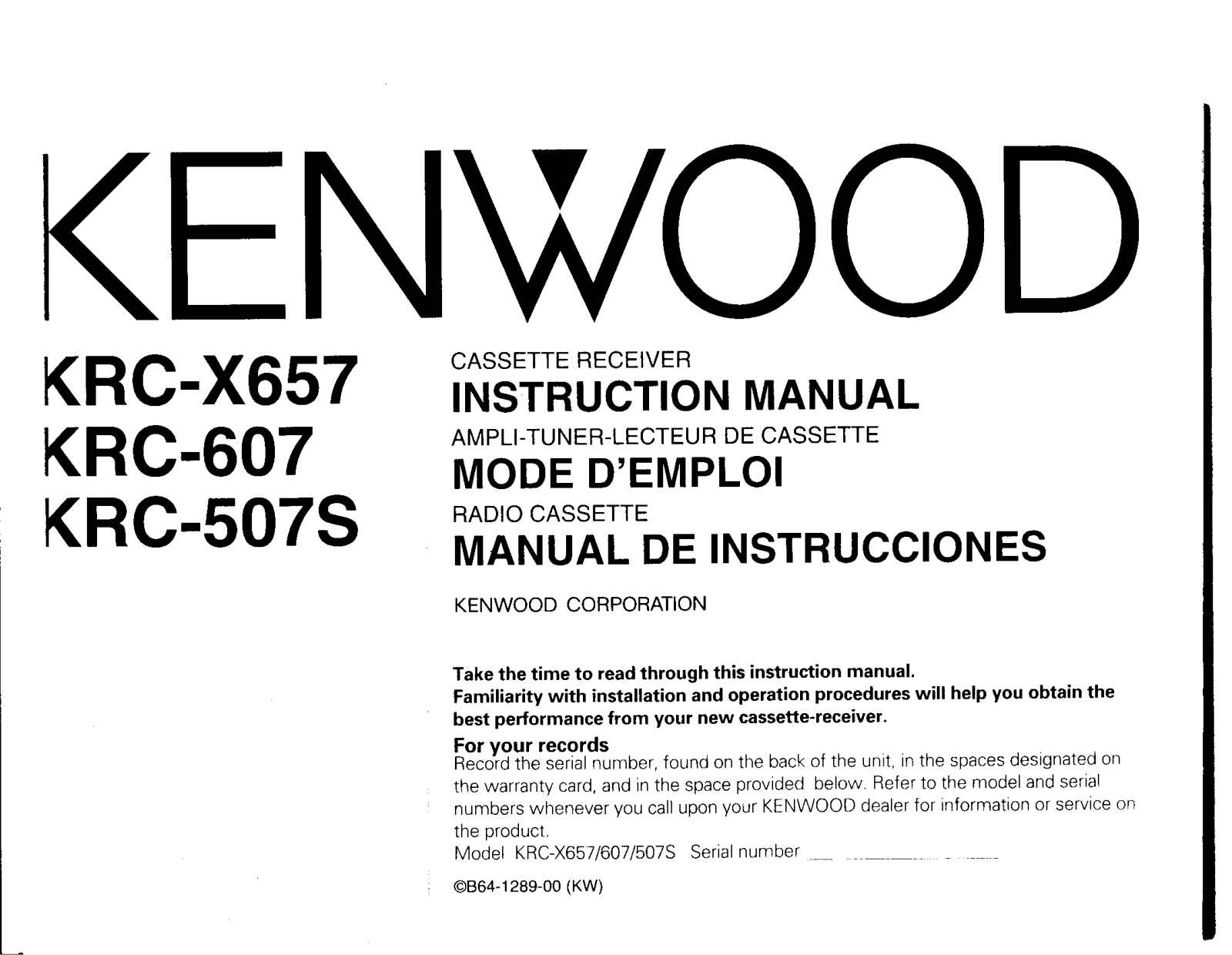 Kenwood KRC-X657, KRC-507S, KRC-607 Owner's Manual