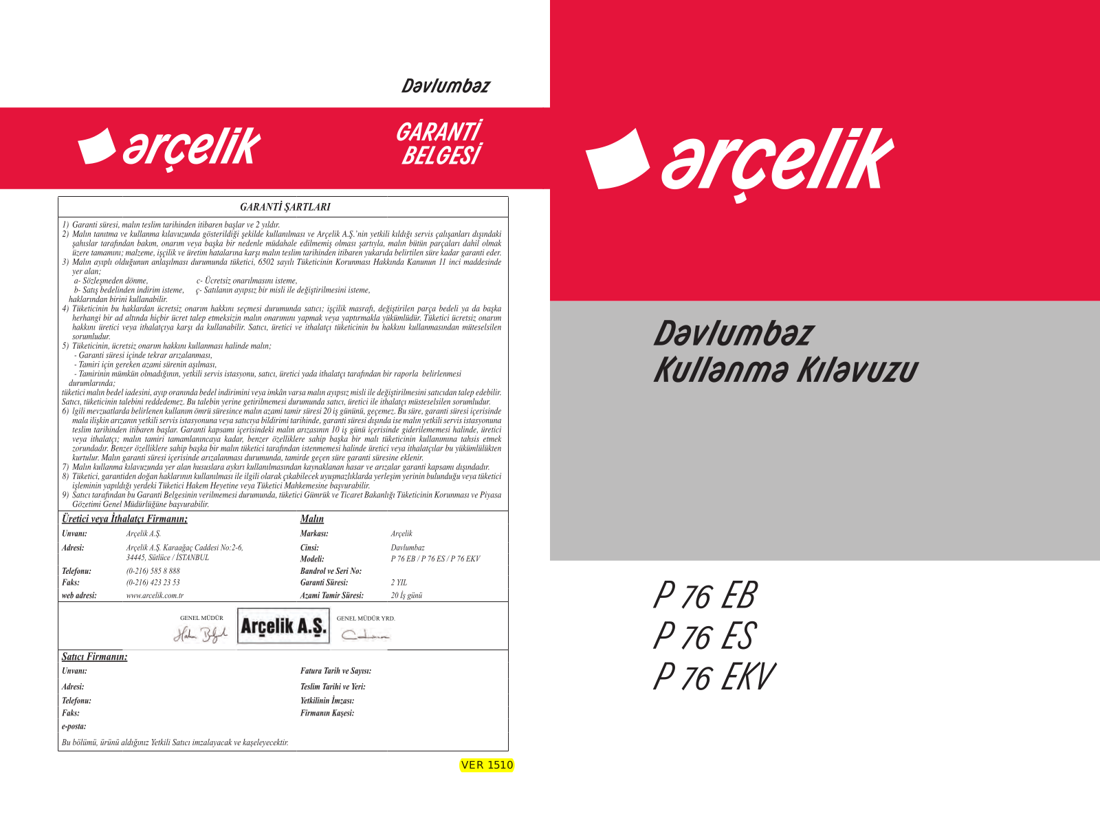 Arçelik P76EB, P76ES, P76EKV User manual