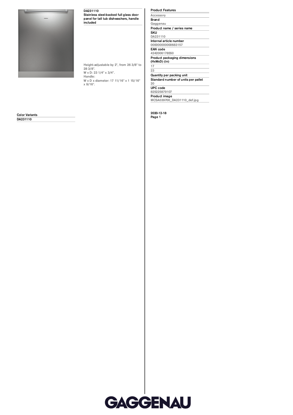 Gaggenau DA231110 Specification Sheet