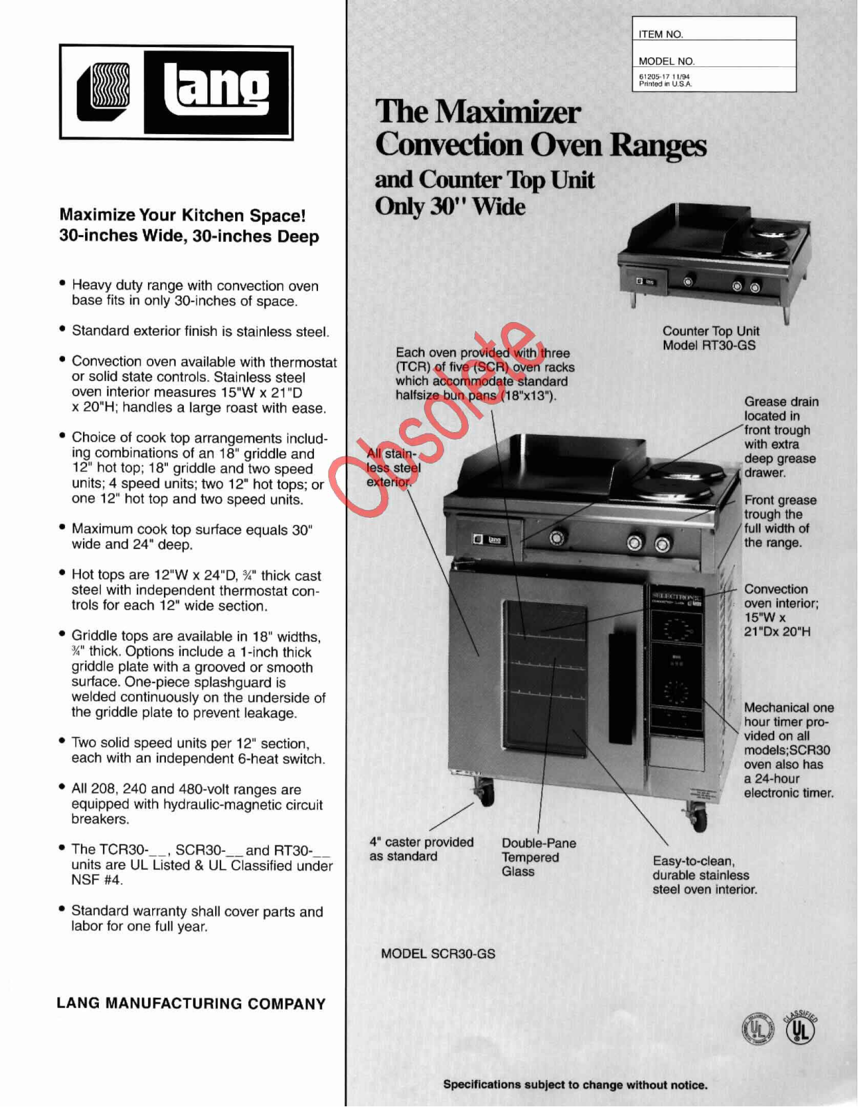 Lang Manufacturing SXLG72-GCE Service Manual