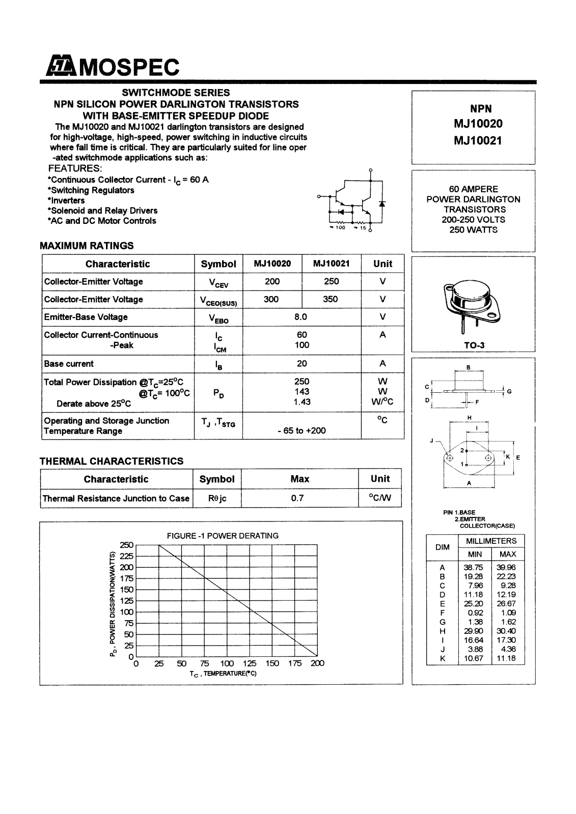 MOSPEC MJ10021, MJ10020 Datasheet