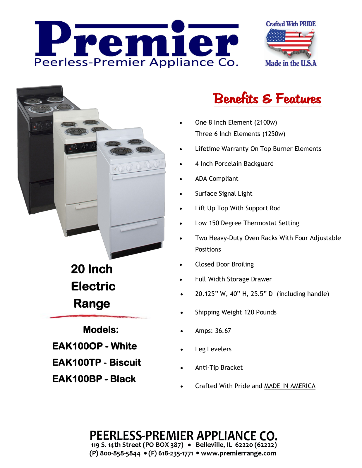 Premier EAK100OP, EAK100TP, EAK100BP Specification Sheet - ManualMachine.com