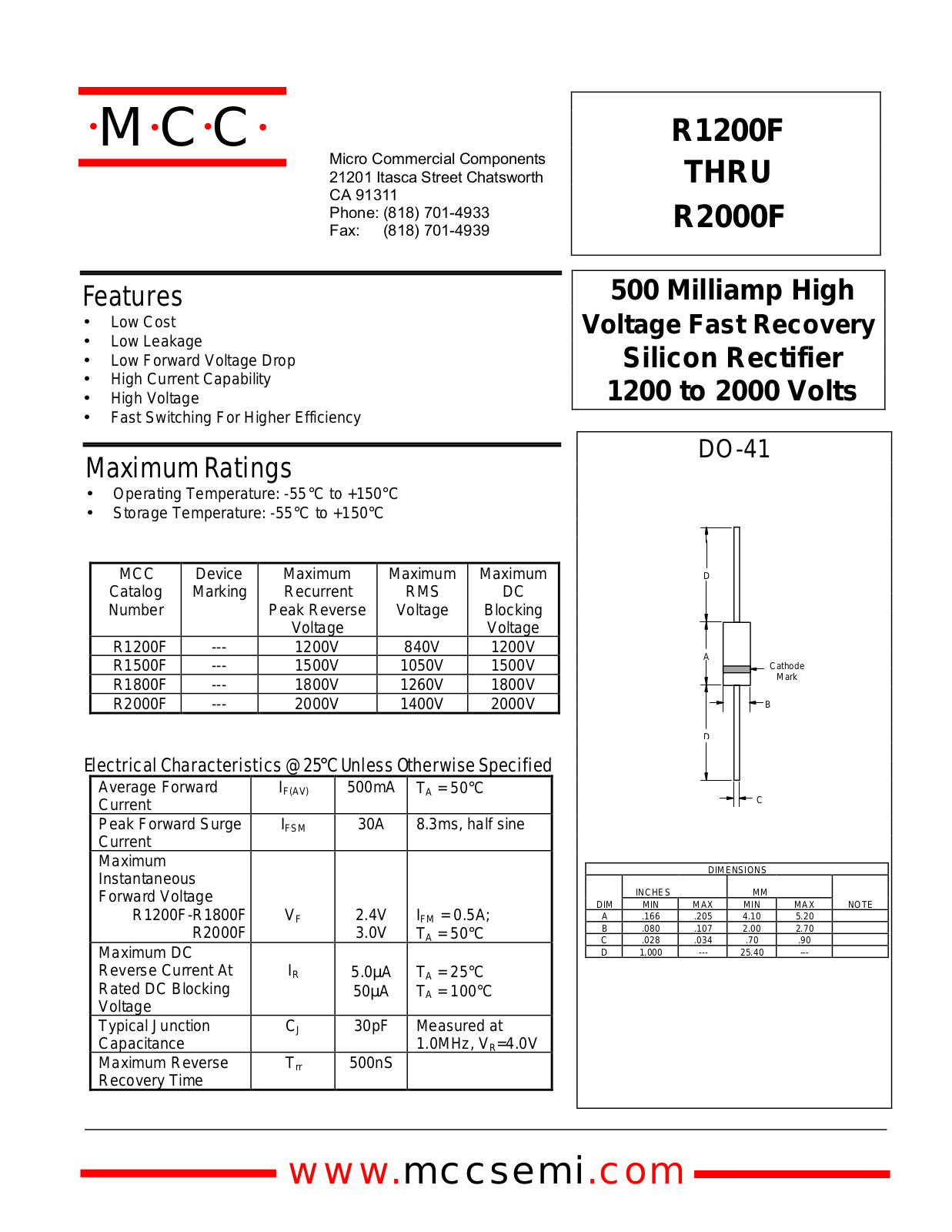 MCC R1200F, R1500F, R1800F, R2000F Datasheet