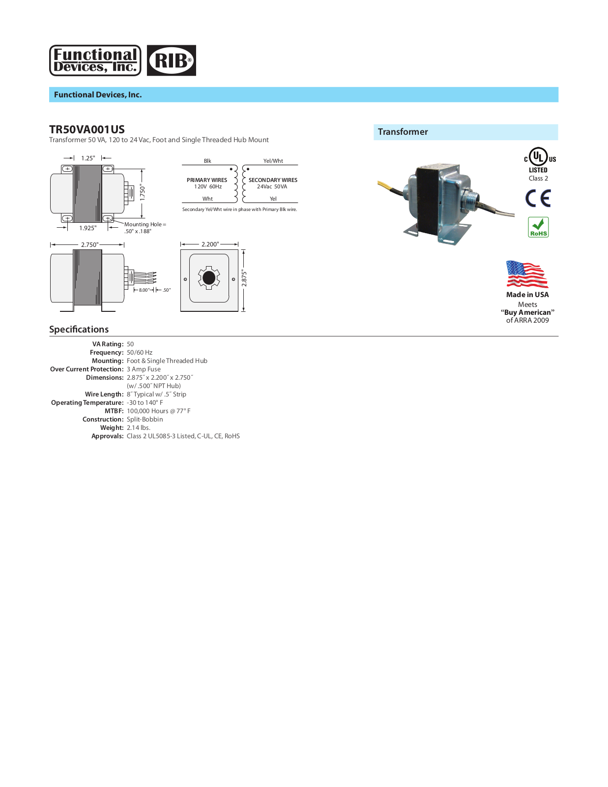 Johnson Controls TR50VA001US Data Sheet