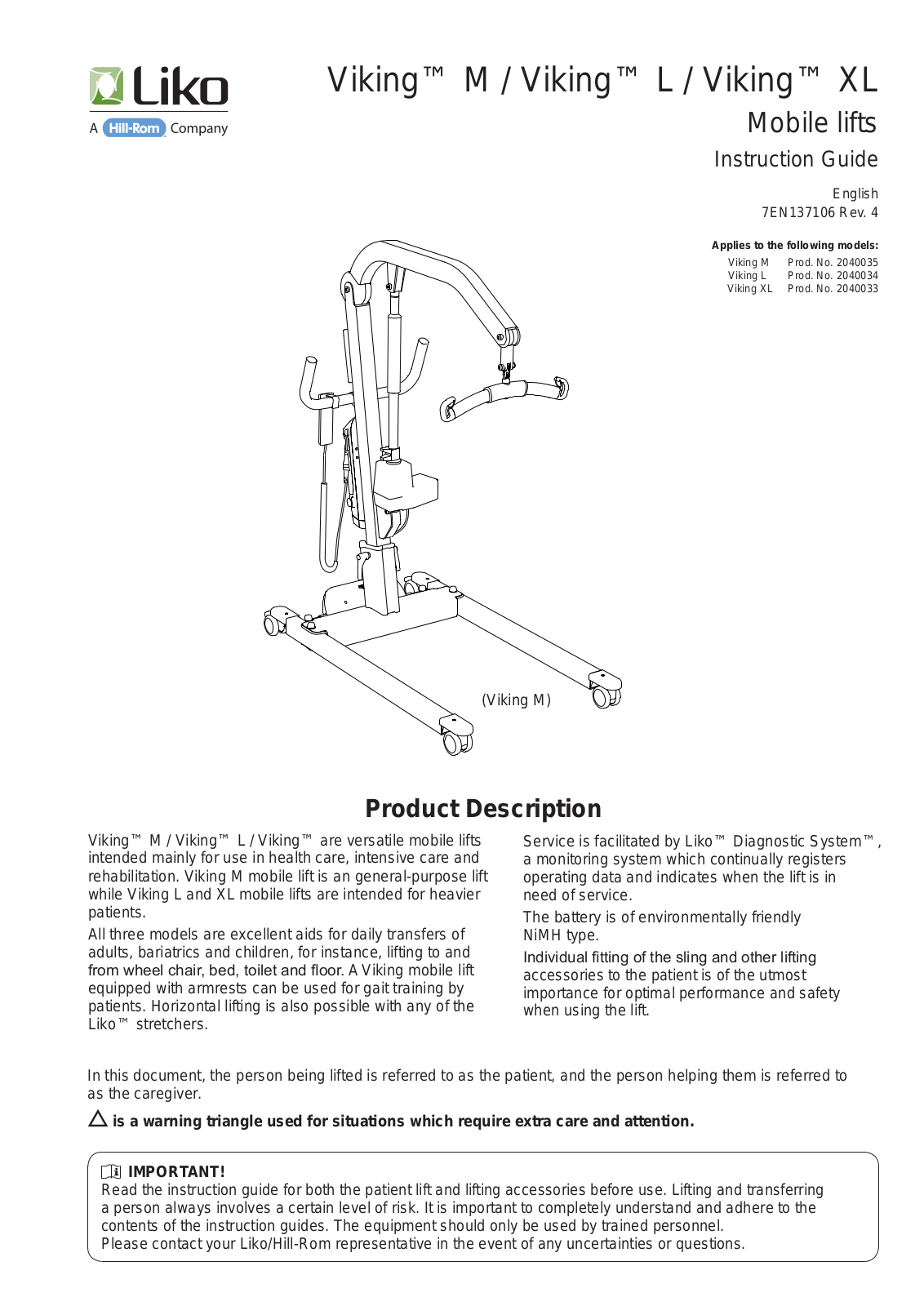 Hill-rom Liko Viking XL, Liko Viking M, Liko Viking L User Manual