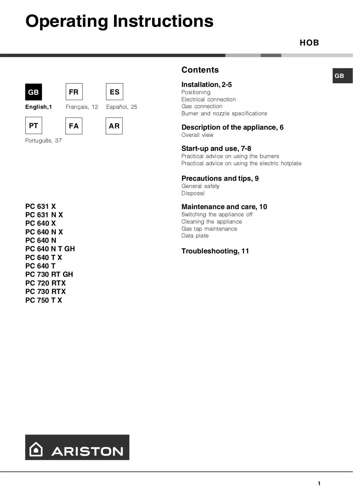 Hotpoint PC 640 X User Manual