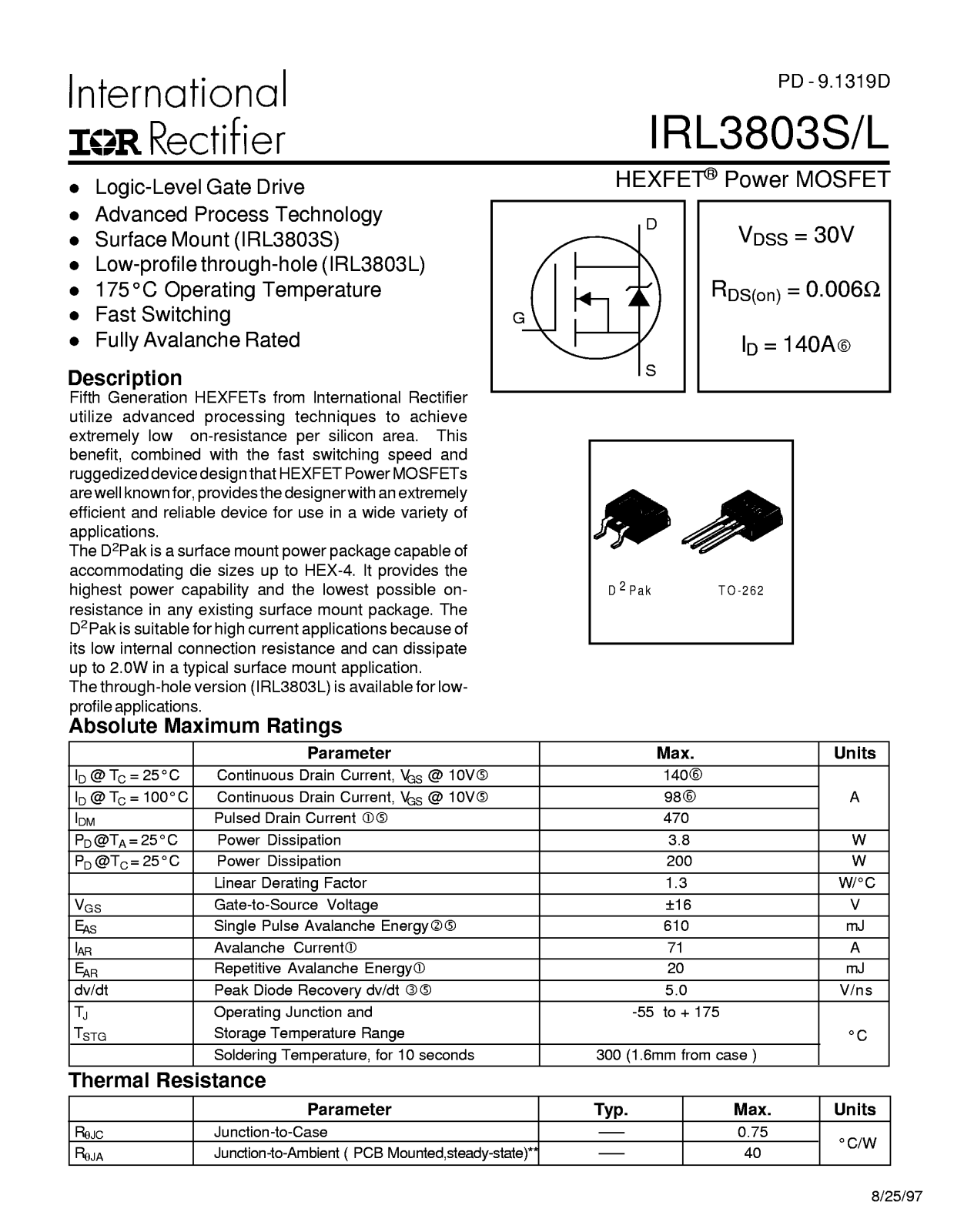 International Rectifier IRL3803S, IRL3803L Datasheet