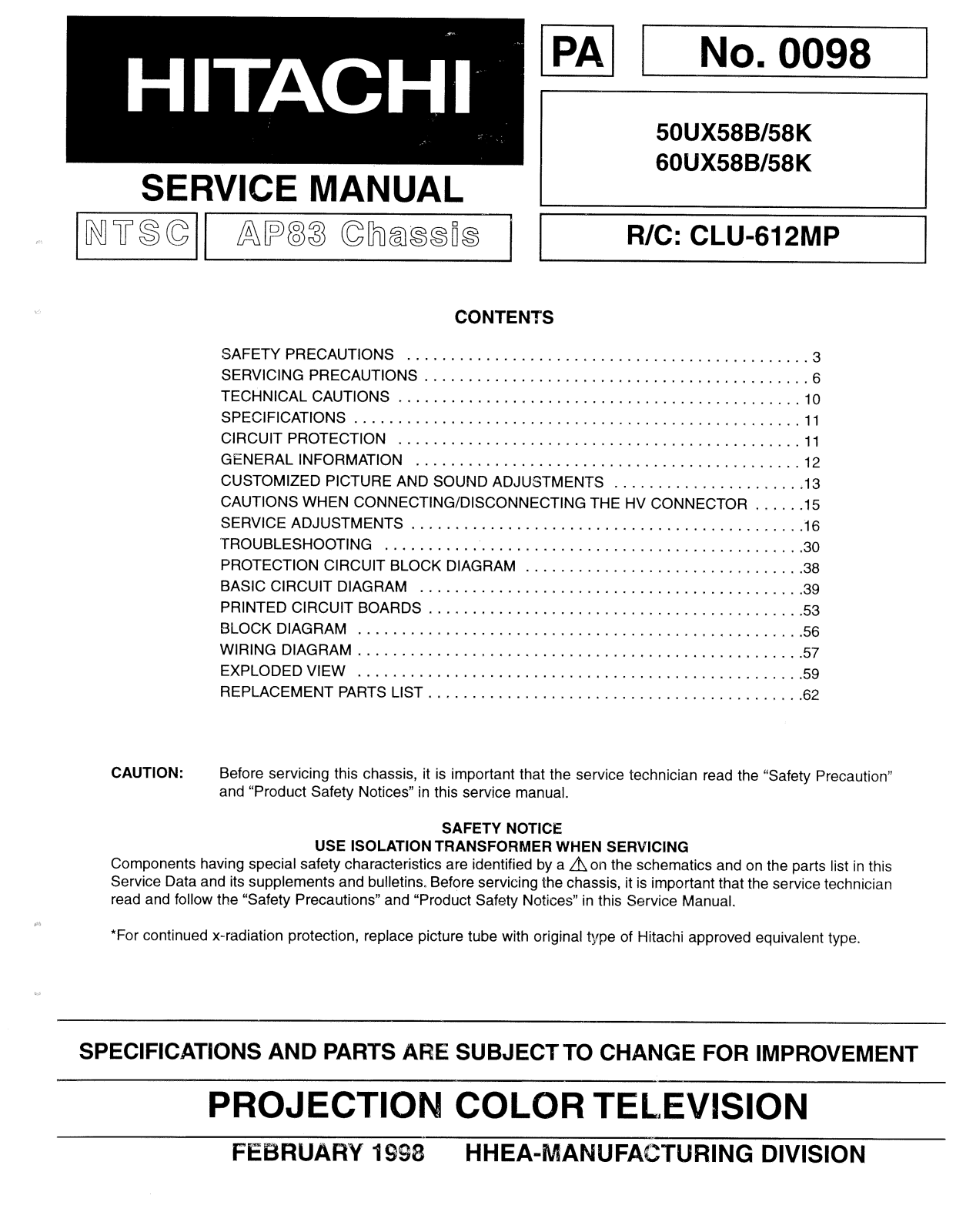 HITACHI 50ux58b, 60ux58b Service Manual