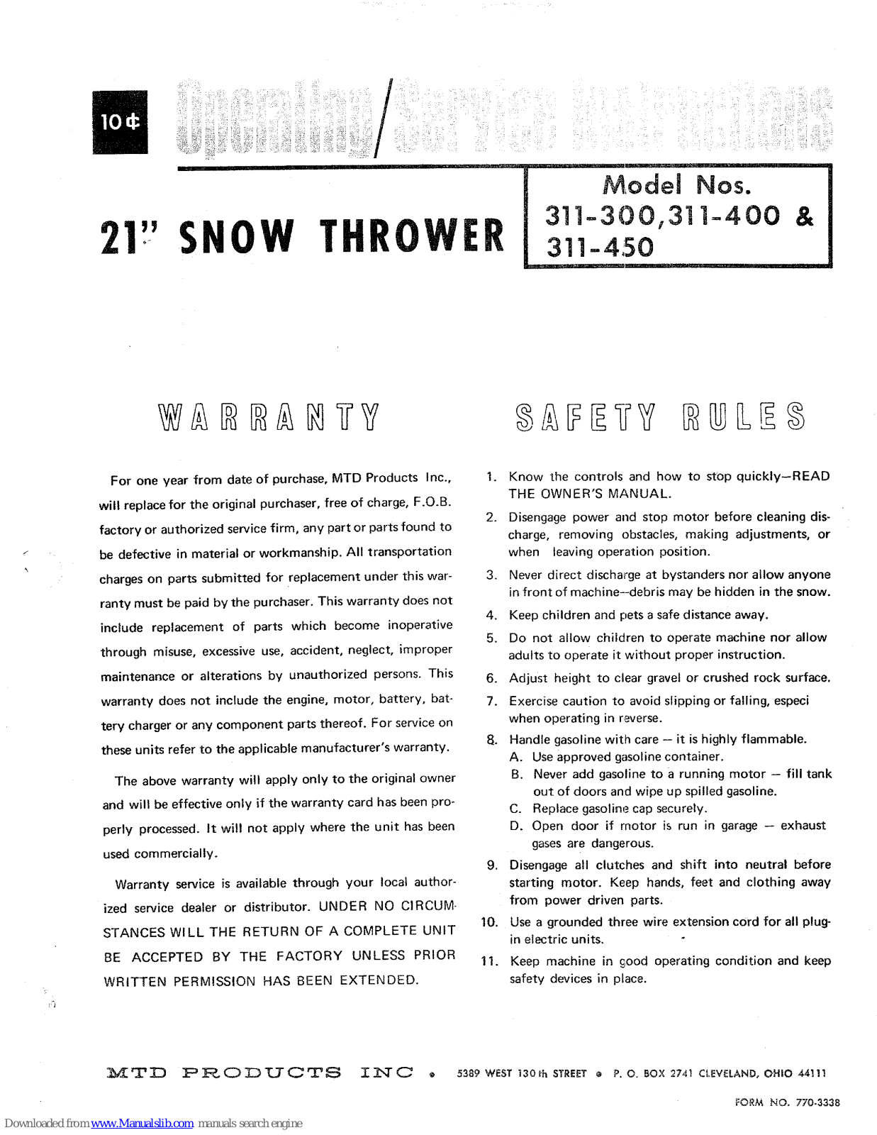 MTD 311-300, 311-400, 311-450 Operating/service Instructions Manual