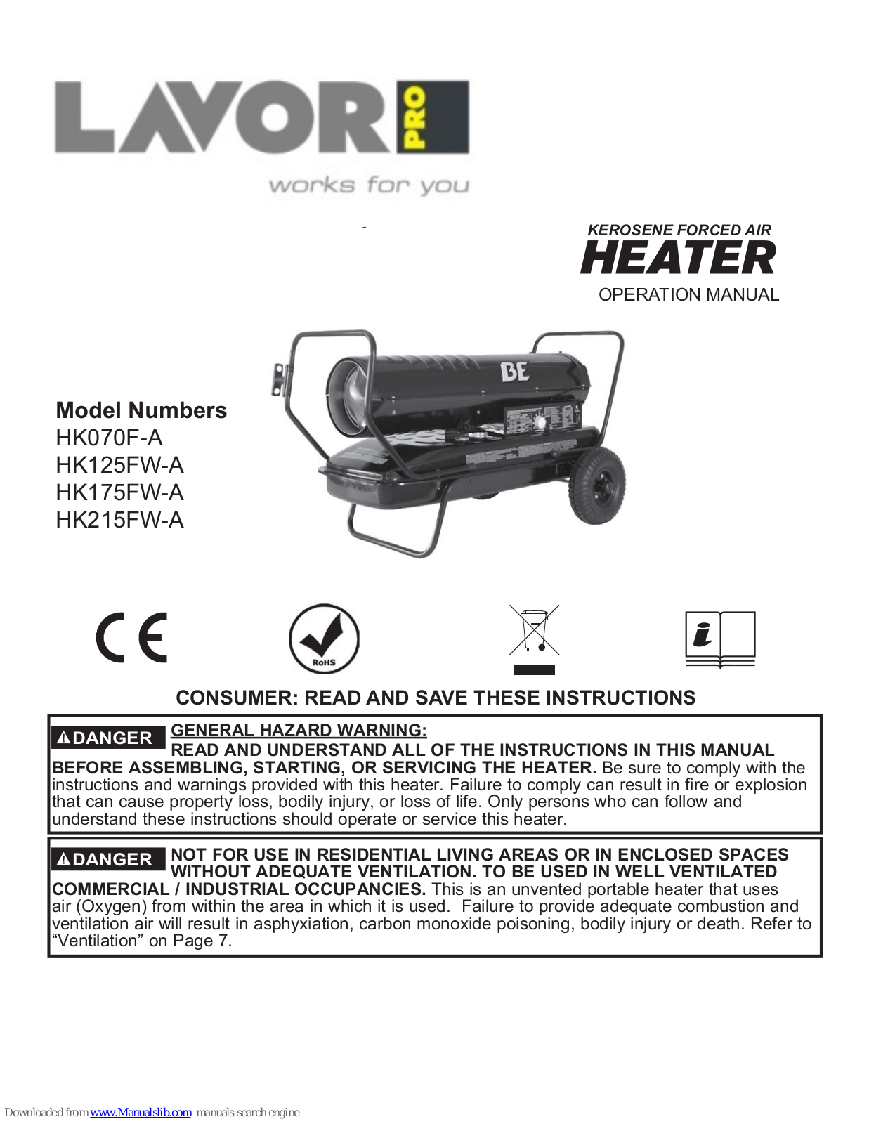 LavorPro HK070F-A, HK125FW-A, HK175FW-A, HK215FW-A Operation Manual